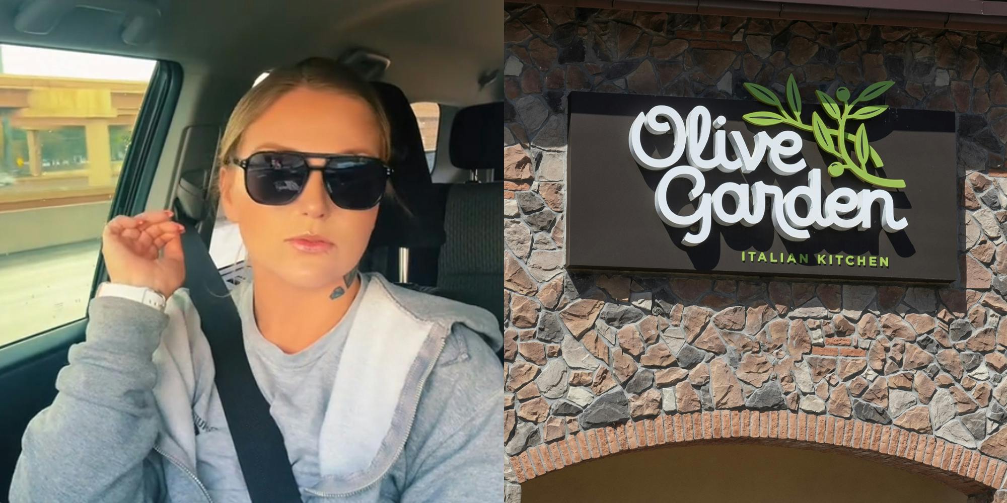 A person looking at the camera next to an Olive Garden sign.