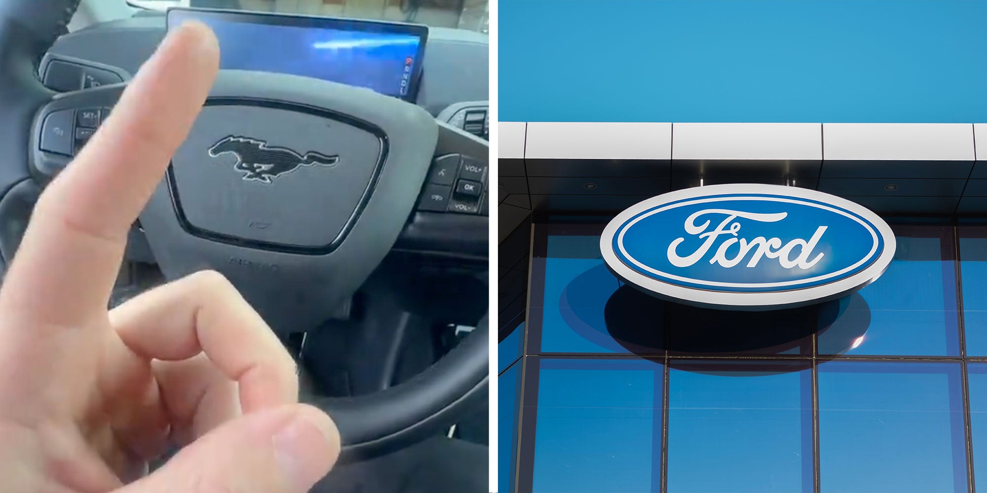 Two panel design with a man pointing at his steering wheel in one and a ford sign in the other