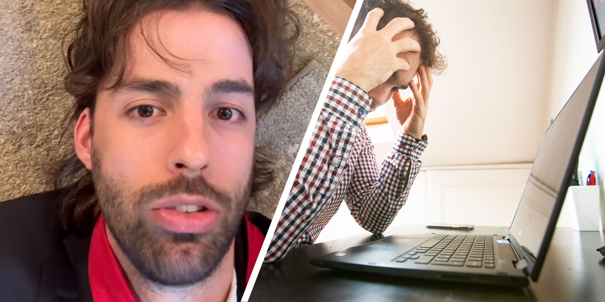 Two panel design with a man laying on a carpet talking and a man looking upset while looking at his computer in the other,