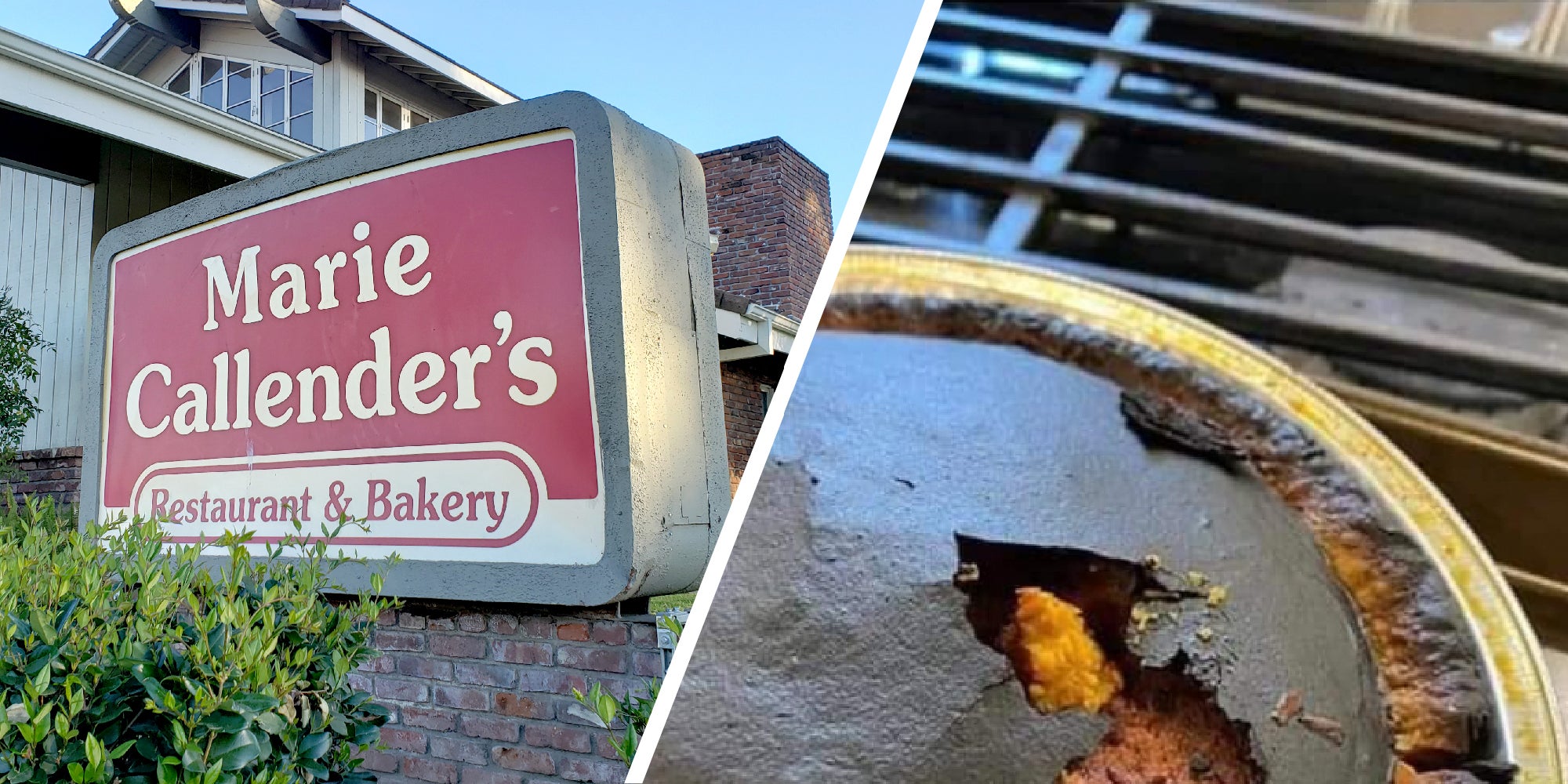 2 panel image: Marie Callender's Restaurant on the left and a burnt pie on the right.
