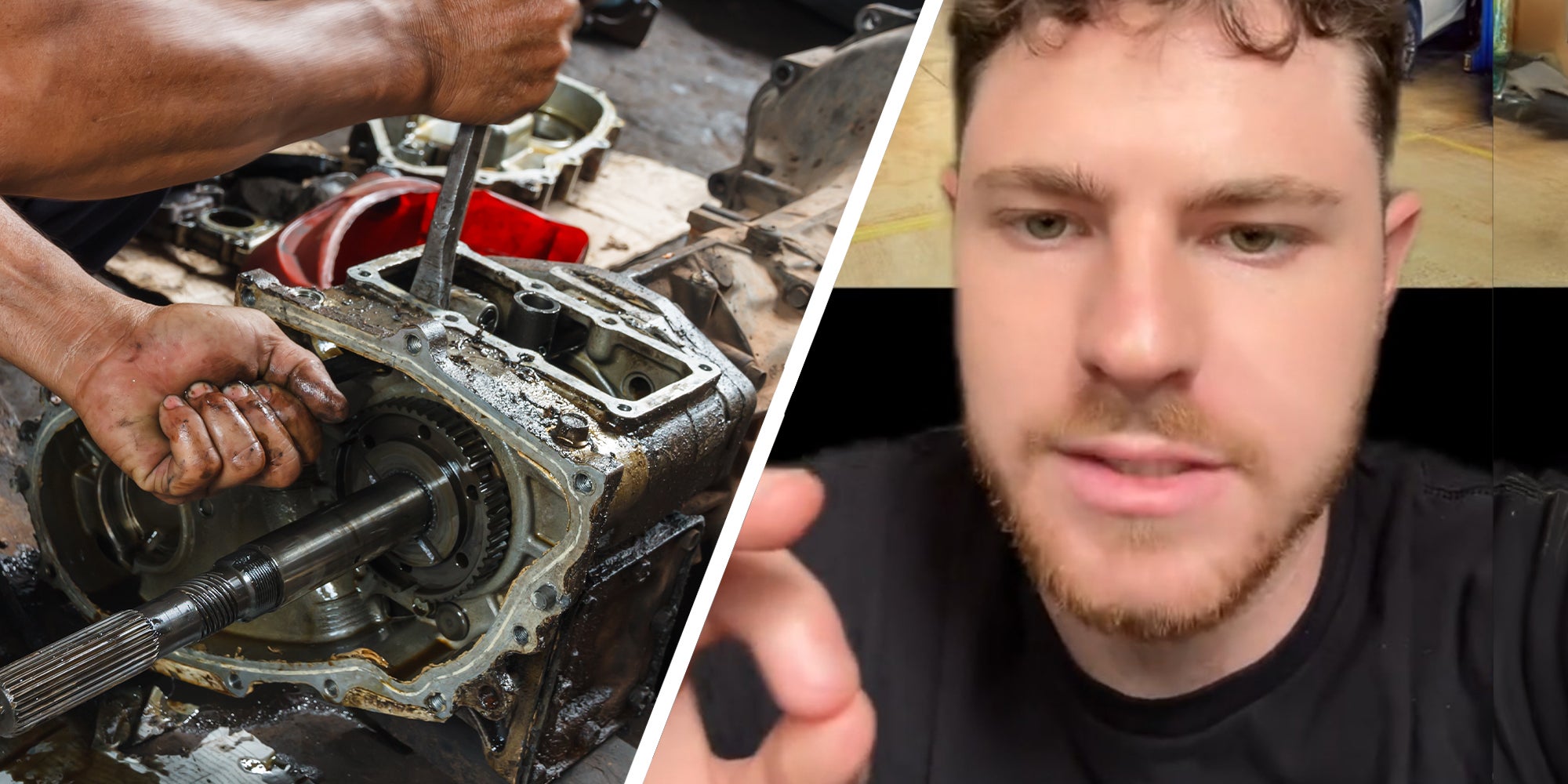 Mechanic Fixing Transmission(l) Man sharing top worst transmissions on cars(r)