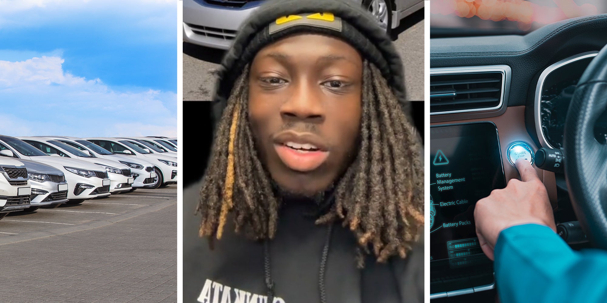 Lot of modern cars(l) Man sharing Car Tips(c) Push to start button(r)