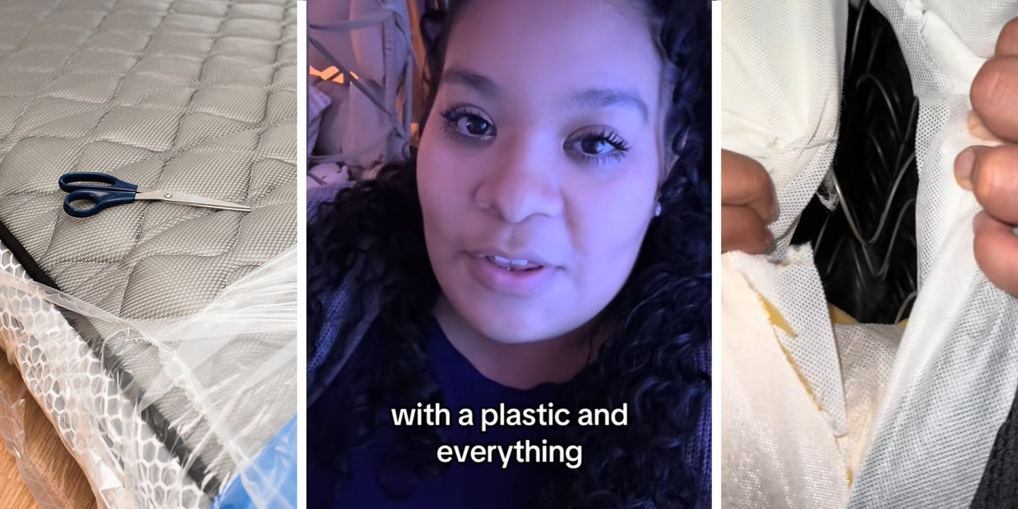 Scissors on top of new mattress(l) Woman sharing what happened when she purchased a new mattress(c) Mattress being cut open(r)