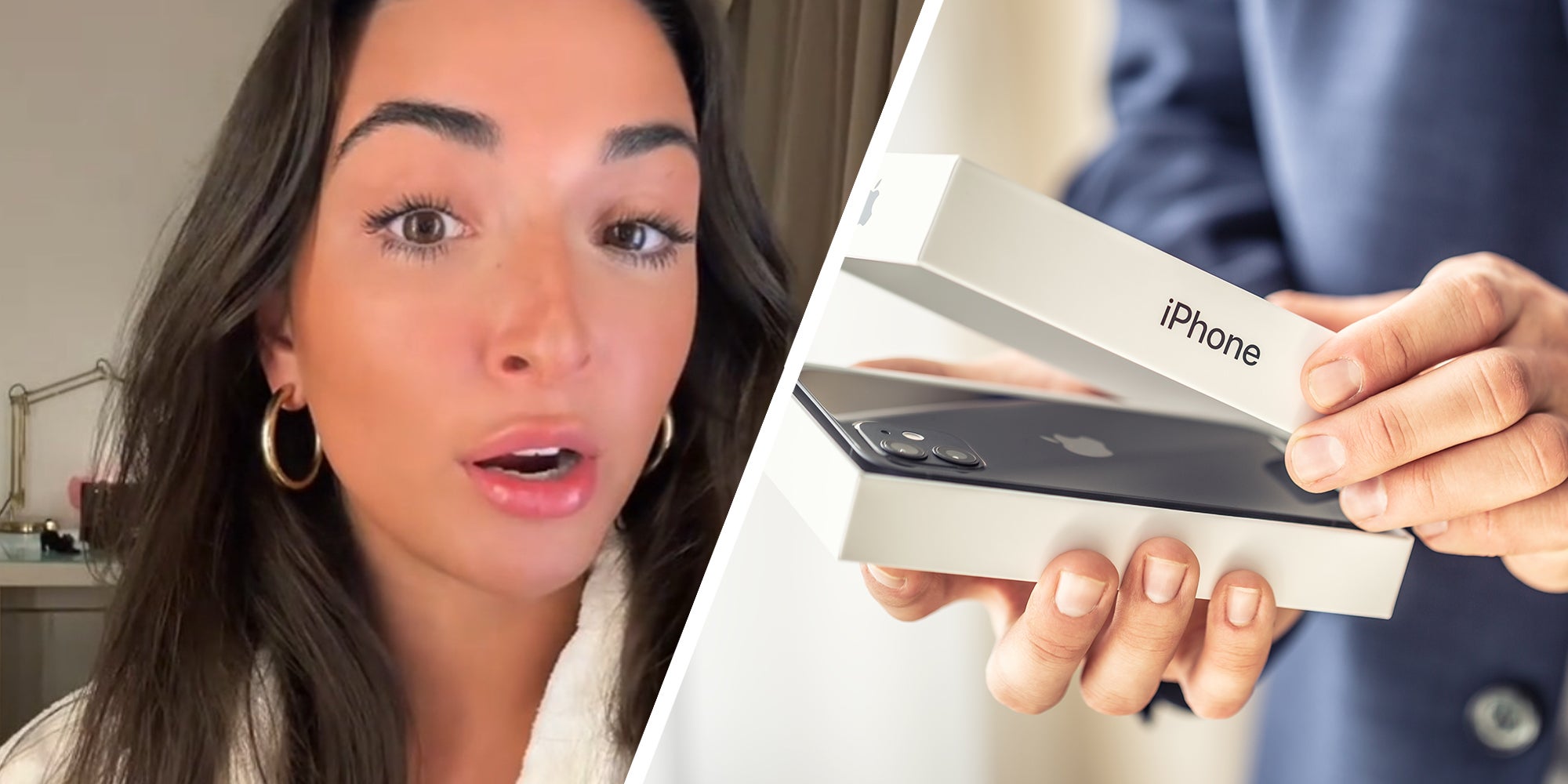 Woman sharing shocking story(l) Man in suit opening new iphone(r)