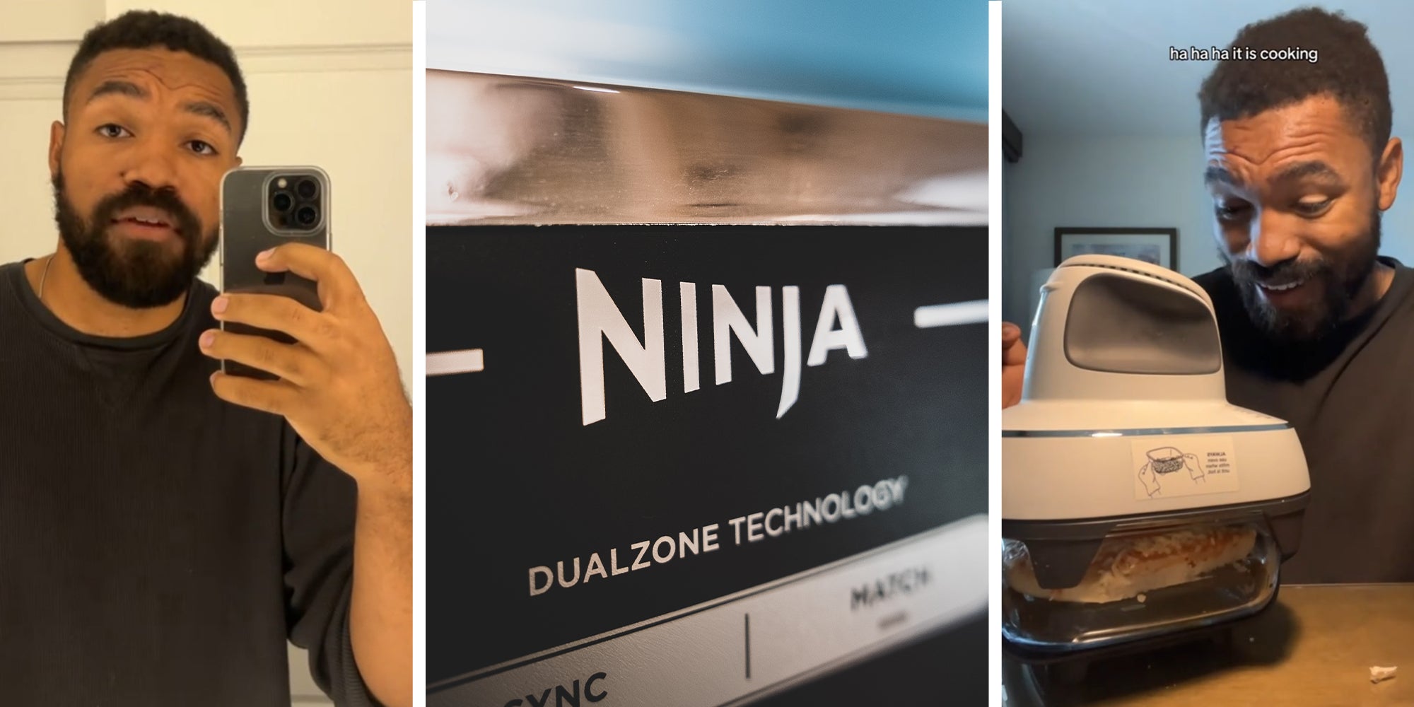 TikToker Taking a Selfie Video(l) Ninja Brand(c) TikToker Enjoying his new Cripsi fyer(r)