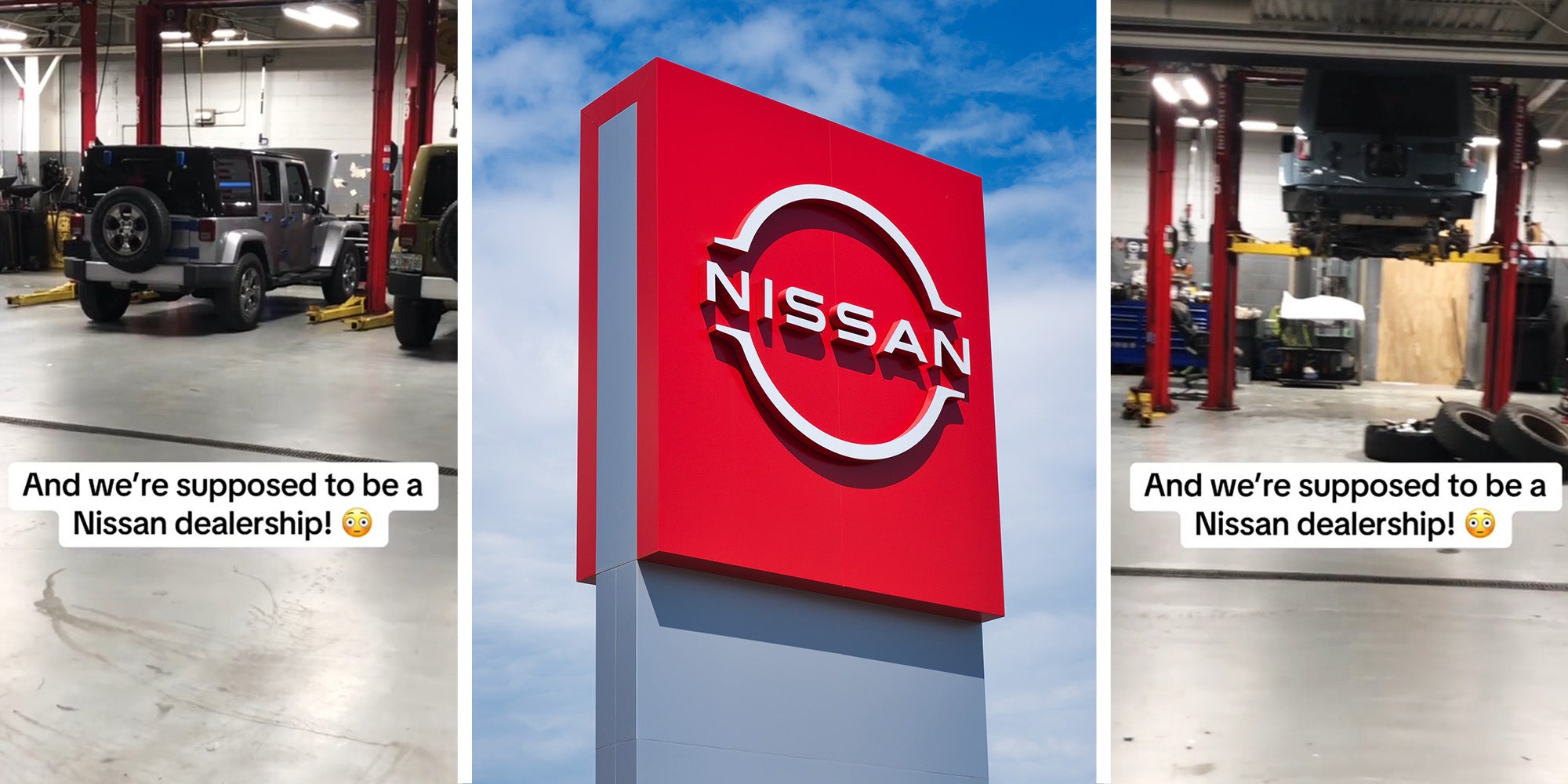 Jeep Wrangler in repair store(l) Nissan Dealer Sign(c) Jeep Wrangler lifted in mechanic shop(r)