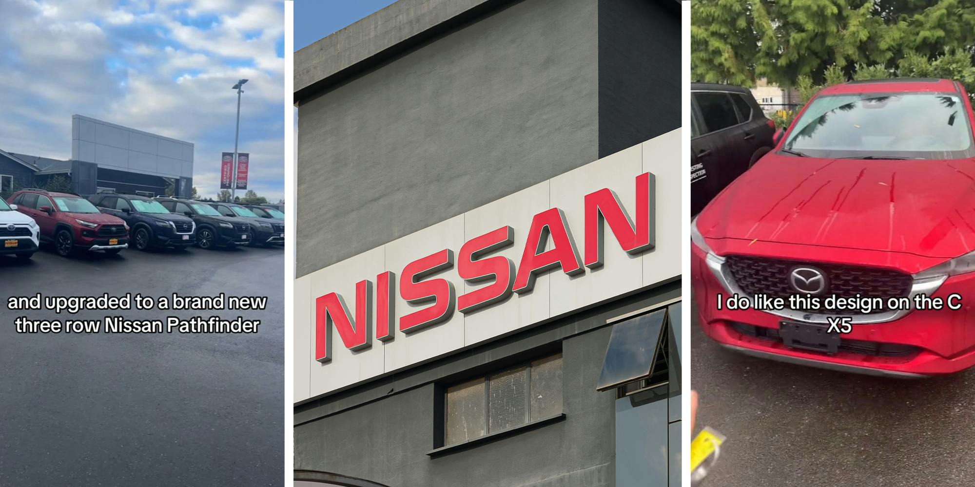 Nissan Dealer Lot(l) Nissan Dealer Sign on building(c) Red MAzda CX5(r)