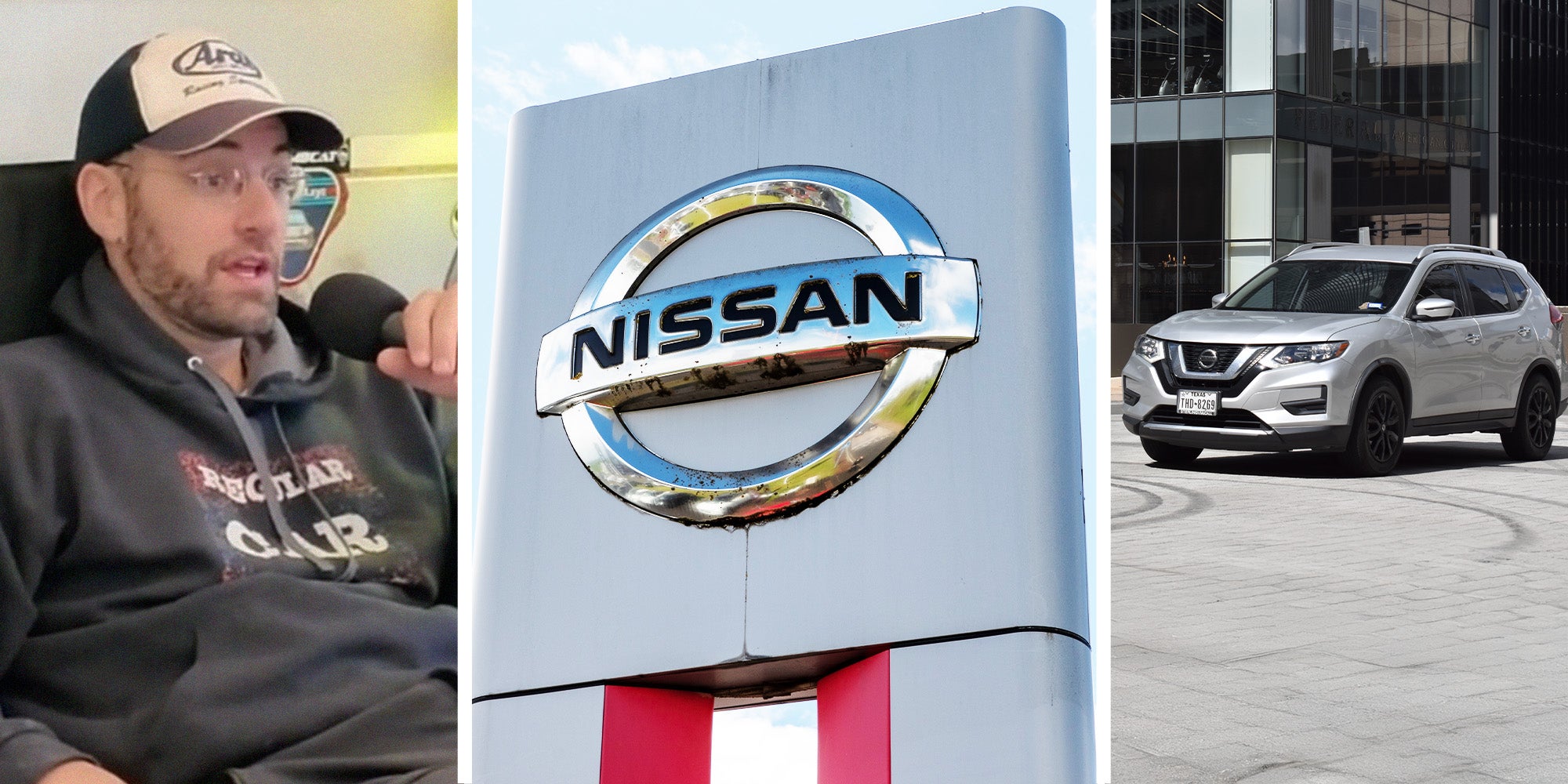 Man holding Mic(l) Nissan Dealer Sign(c) Nissan Rogue(r)