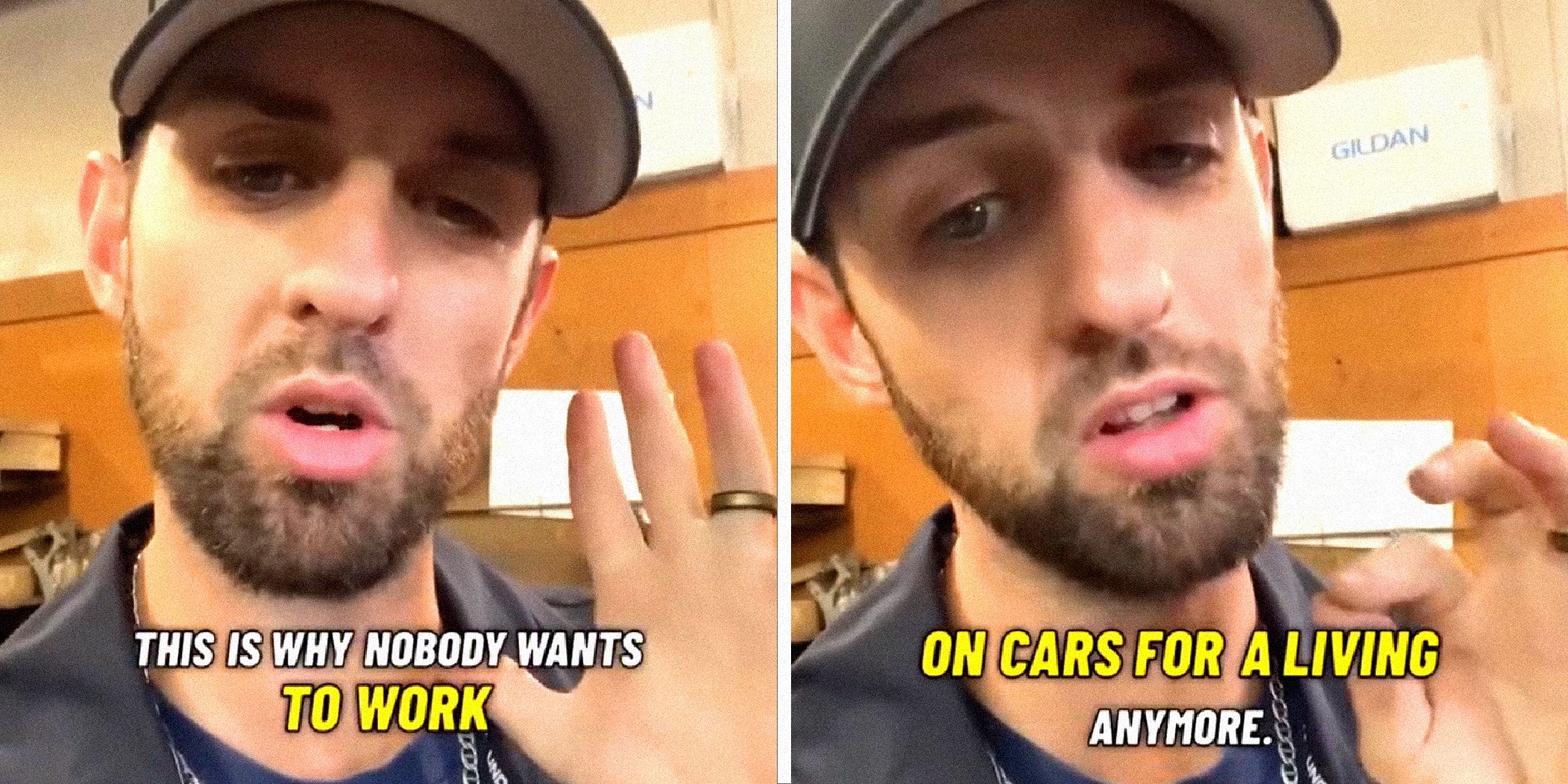 Two panel image of a mechanic. The words, 'This is why nobody wants to work on cars for a living anymore.'