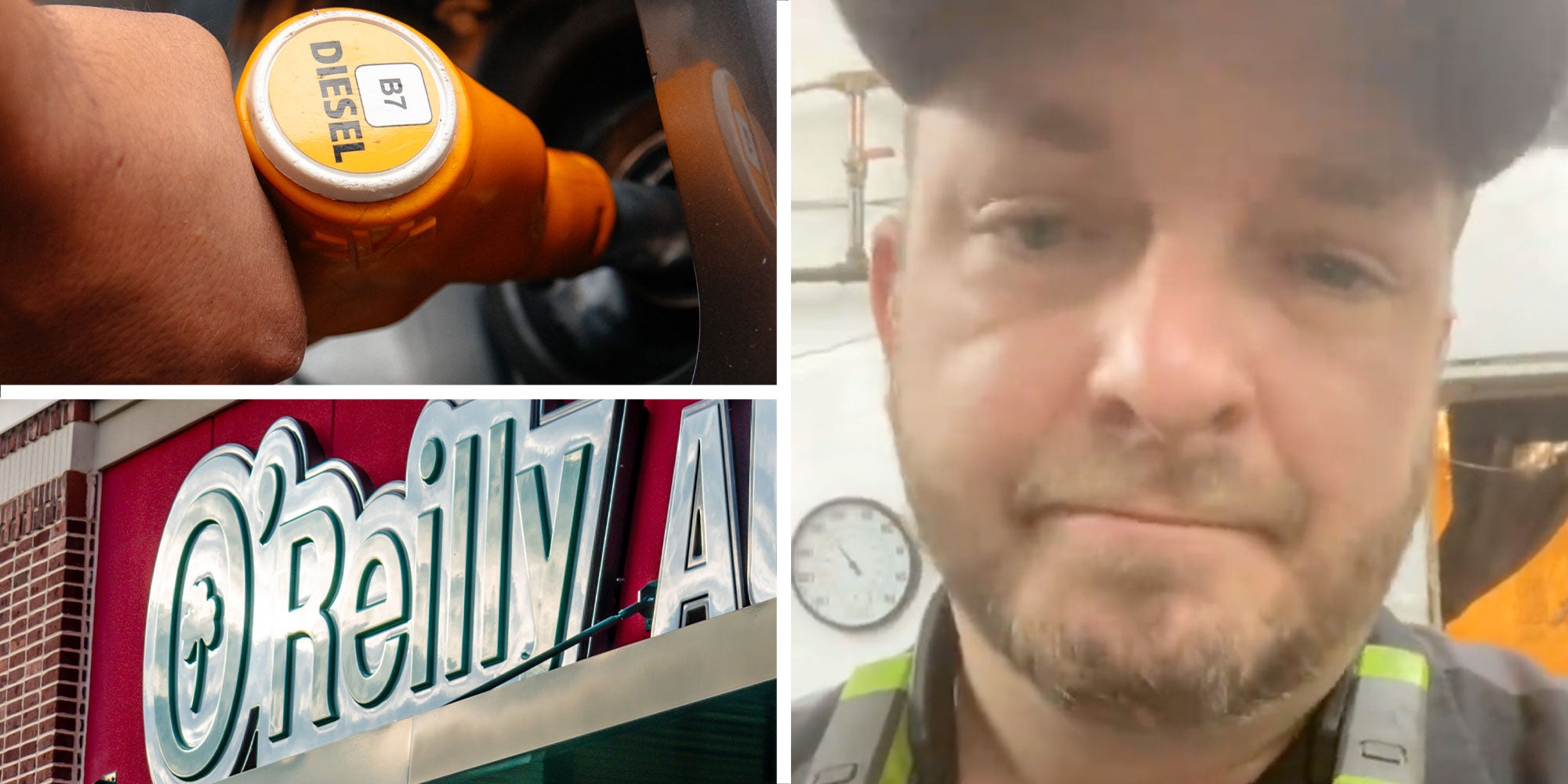 Three hour panel design with a person using Diesel in car in one, an O'Reilly auto part store sign, and a man looking concerned in the 3rd.