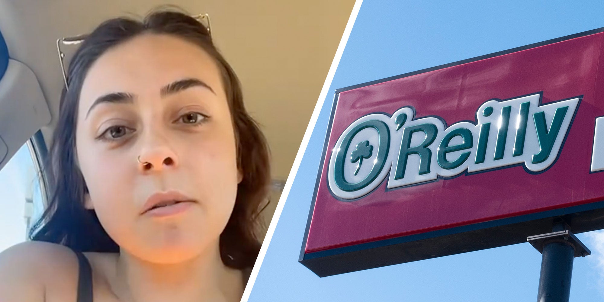 Two panel design with one showing a woman who is not impressed looking at the camera, the 2nd is of an O'Reilly's Auto shop sign