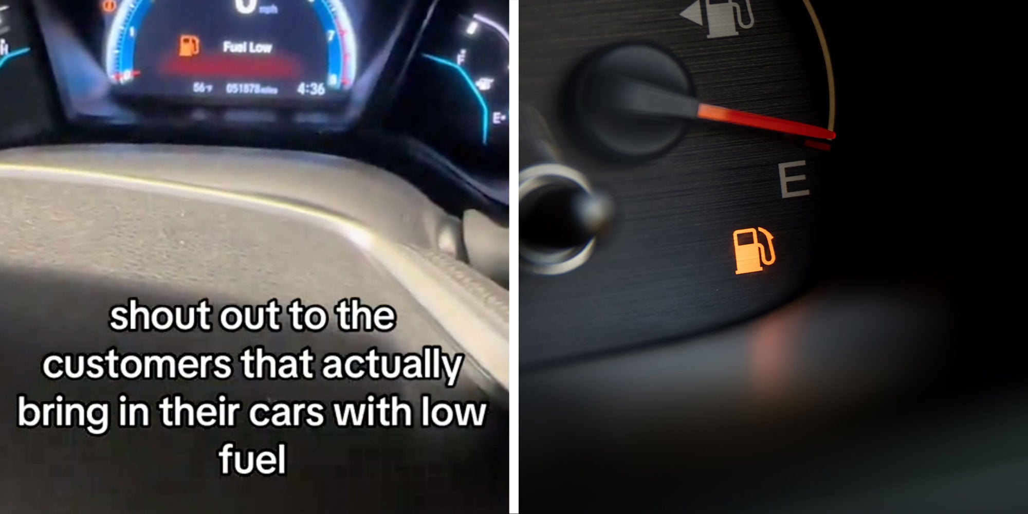 Two panel design with text over the first image of a gas gauge reading 'shout out to the customers that actually bing in their cars with low fuel', the 2nd image is a close up of a car on Empty
