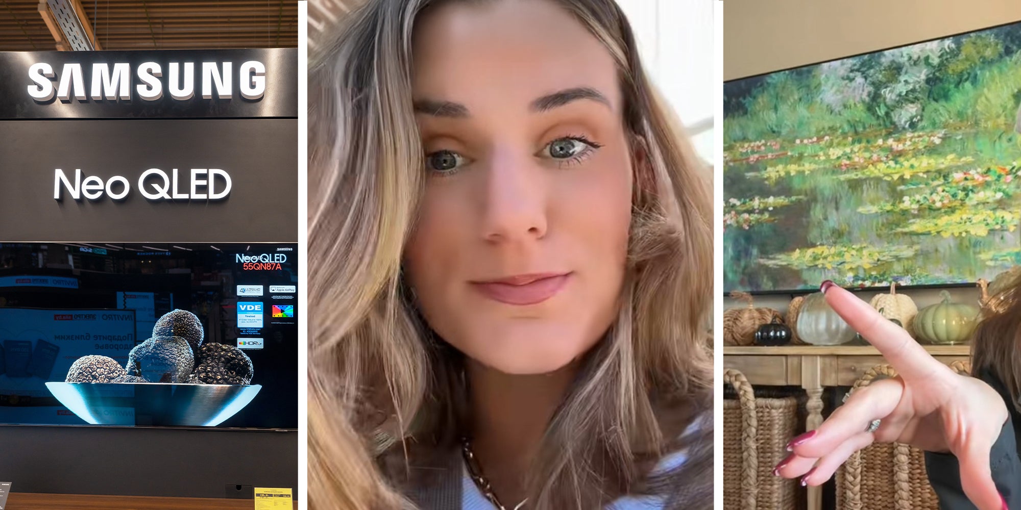 Samsung TV QLed Display(l) Woman Sharing Her best Tv purchase(c) Woman point at Tv(r)