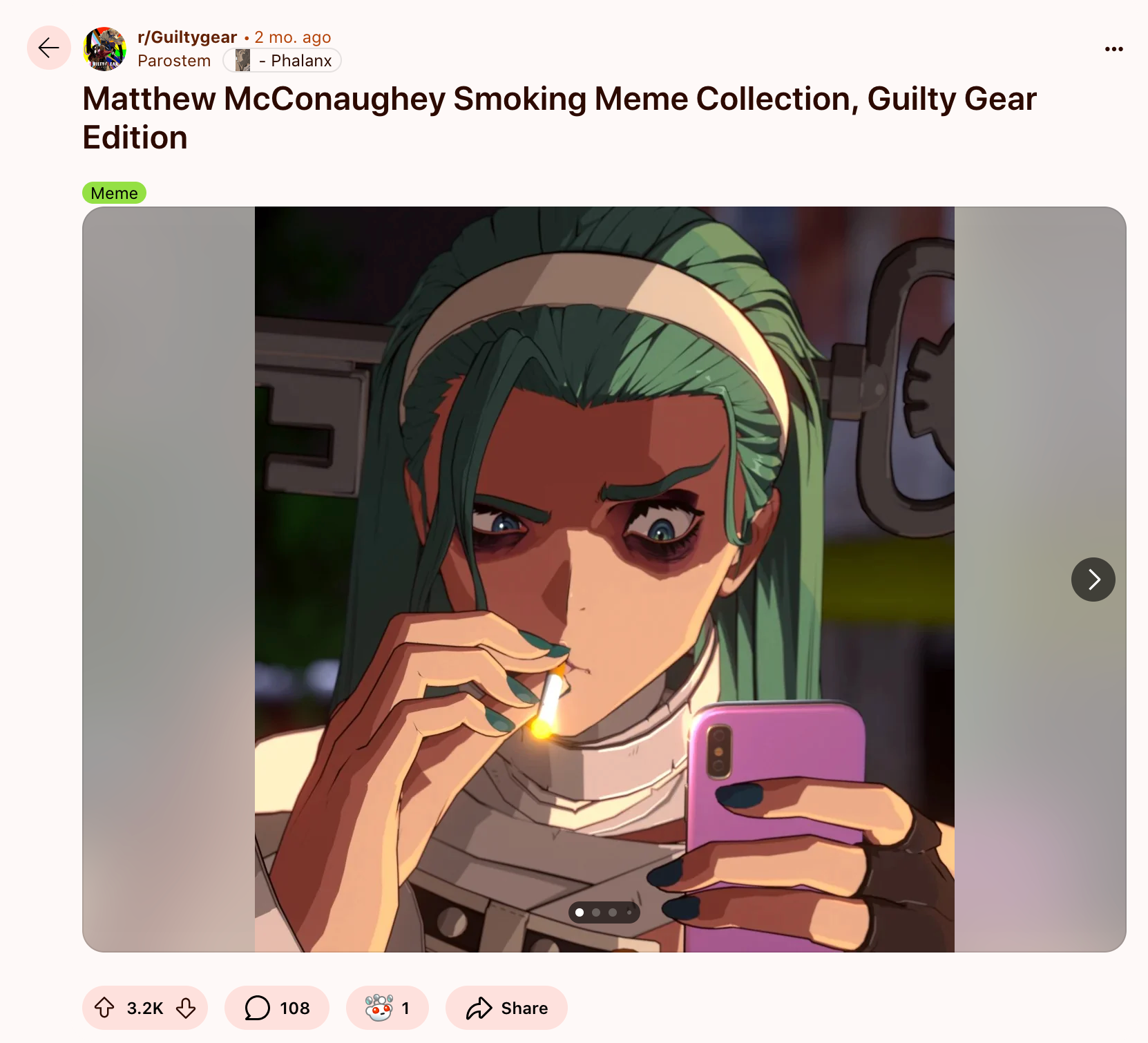 A Reddit post of an Anime matthew mcconaughey smoking meme