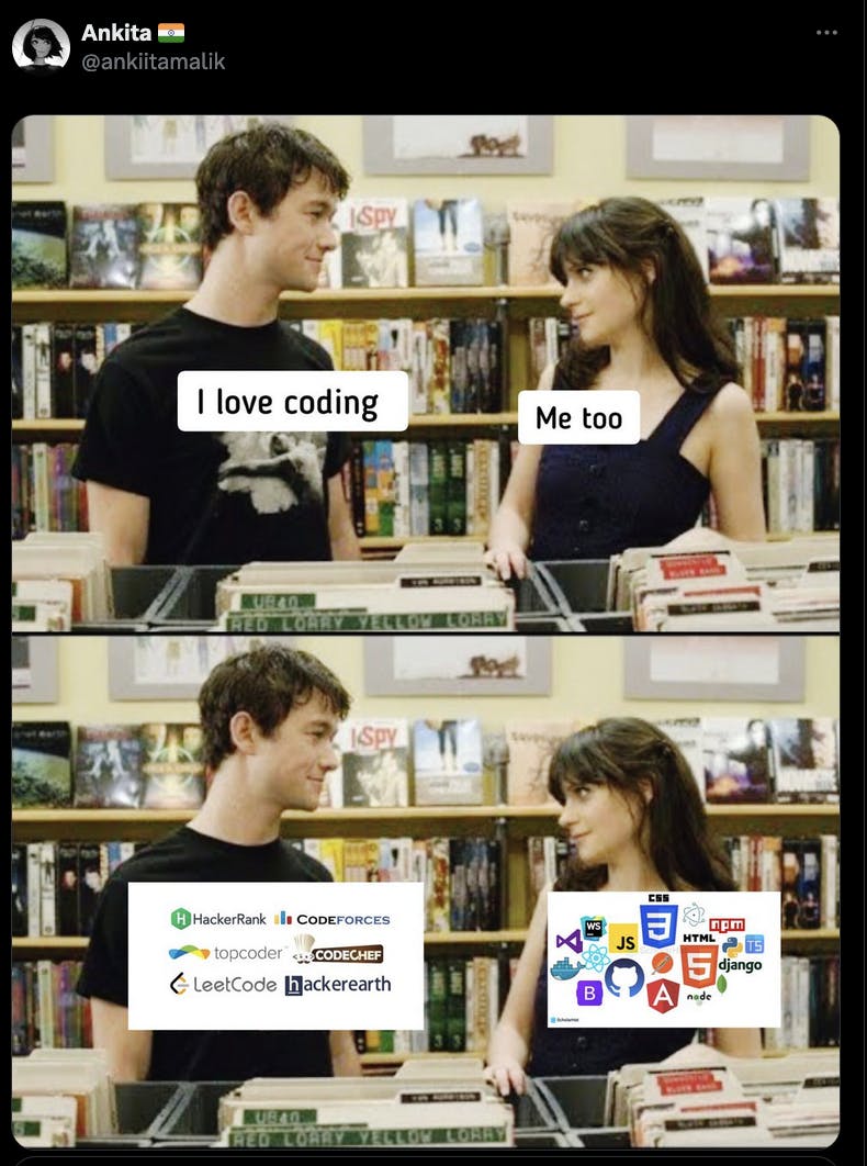 A variation on the 'I love video games meme' but with coding; guy likes basic coding programs, girl likes the hardcore stuff