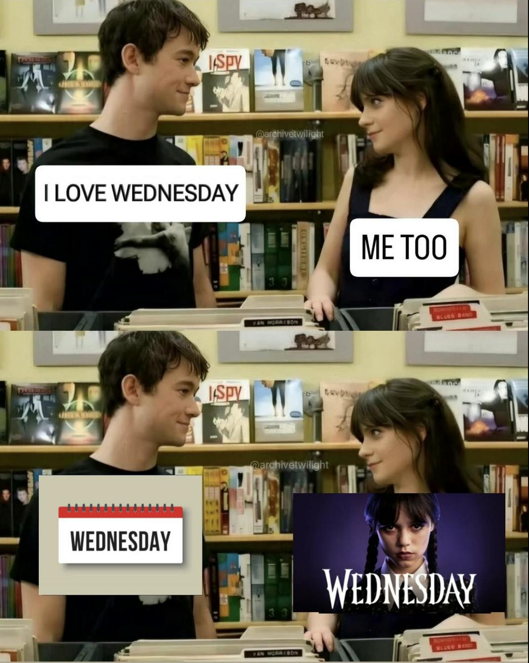 A variation on the 'I love video games meme' but with Wednesday; guy likes the actual day, girl likes the TV show