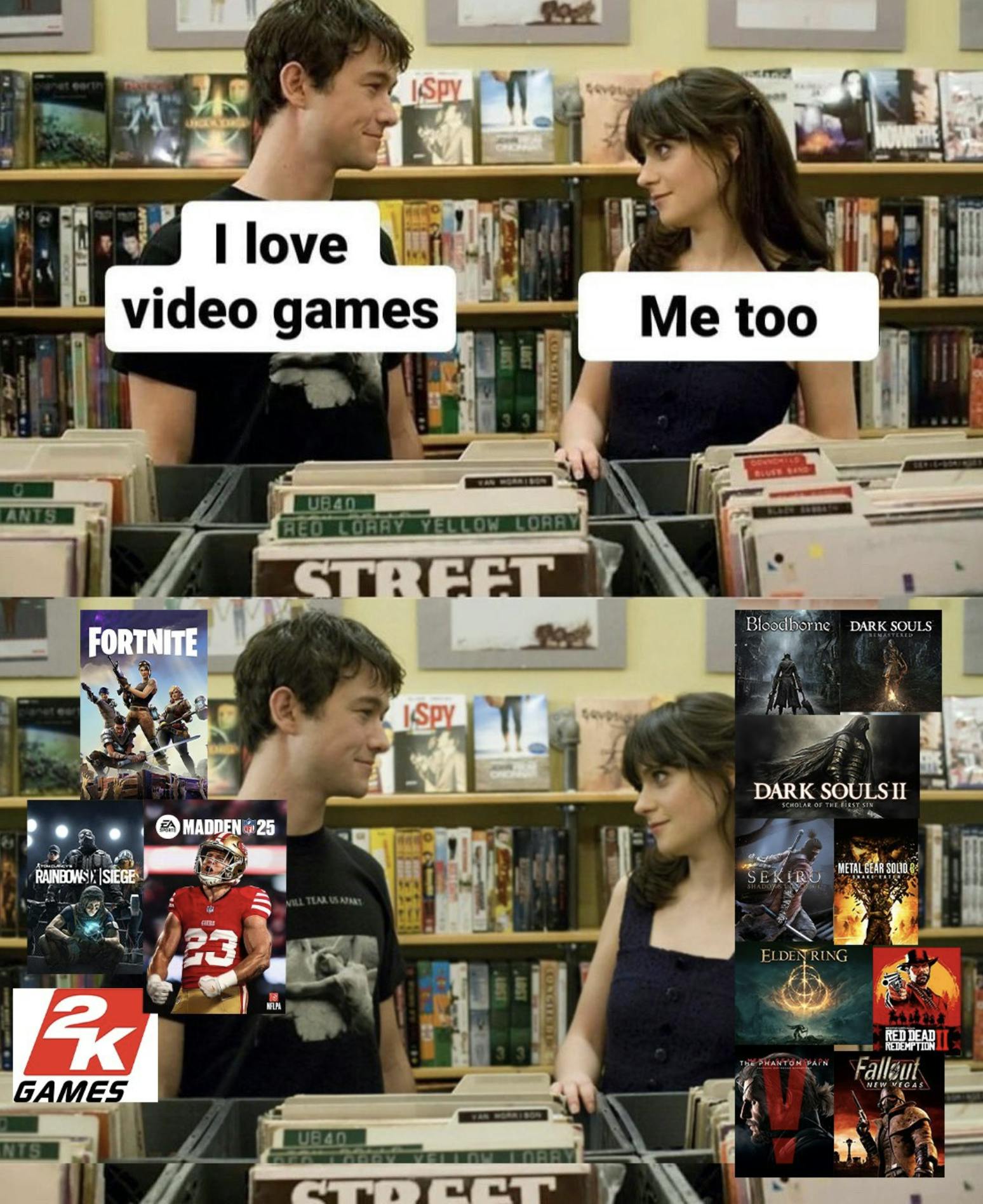 Meme from 500 Days of Summer where one character is asking another 'do you like video games' in the first panel, and the other character replies yes. In the second panel, we see the first character likes very basic video games, while the second one likes far more nuanced ones.