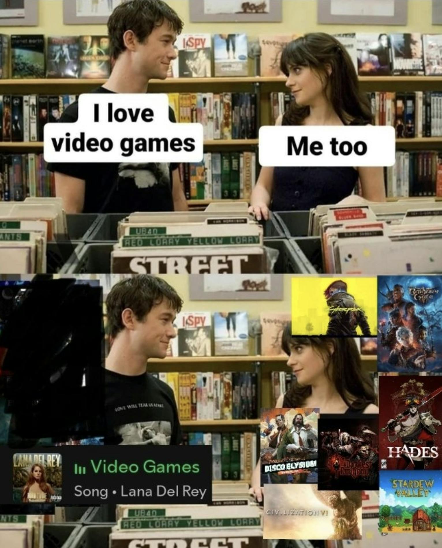 Meme from 500 Days of Summer where one character is asking another 'do you like video games' in portugese. The other character replies yes. The second character meant the song by Lana Del Rey, and the second character likes video games, flipping the meme.