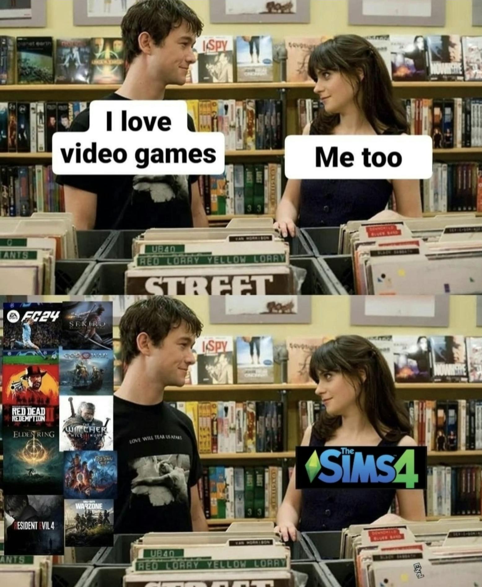 A photo of the 'I love video games meme' but instead of the Zooey Deschanel character saying 'me too' and it referencing the Lana Del Rey Song, her character likes The Sims