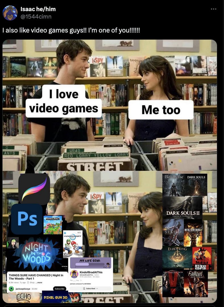 A photo of the 'I love video games meme' but the guy likes sillier games and the woman likes darker ones