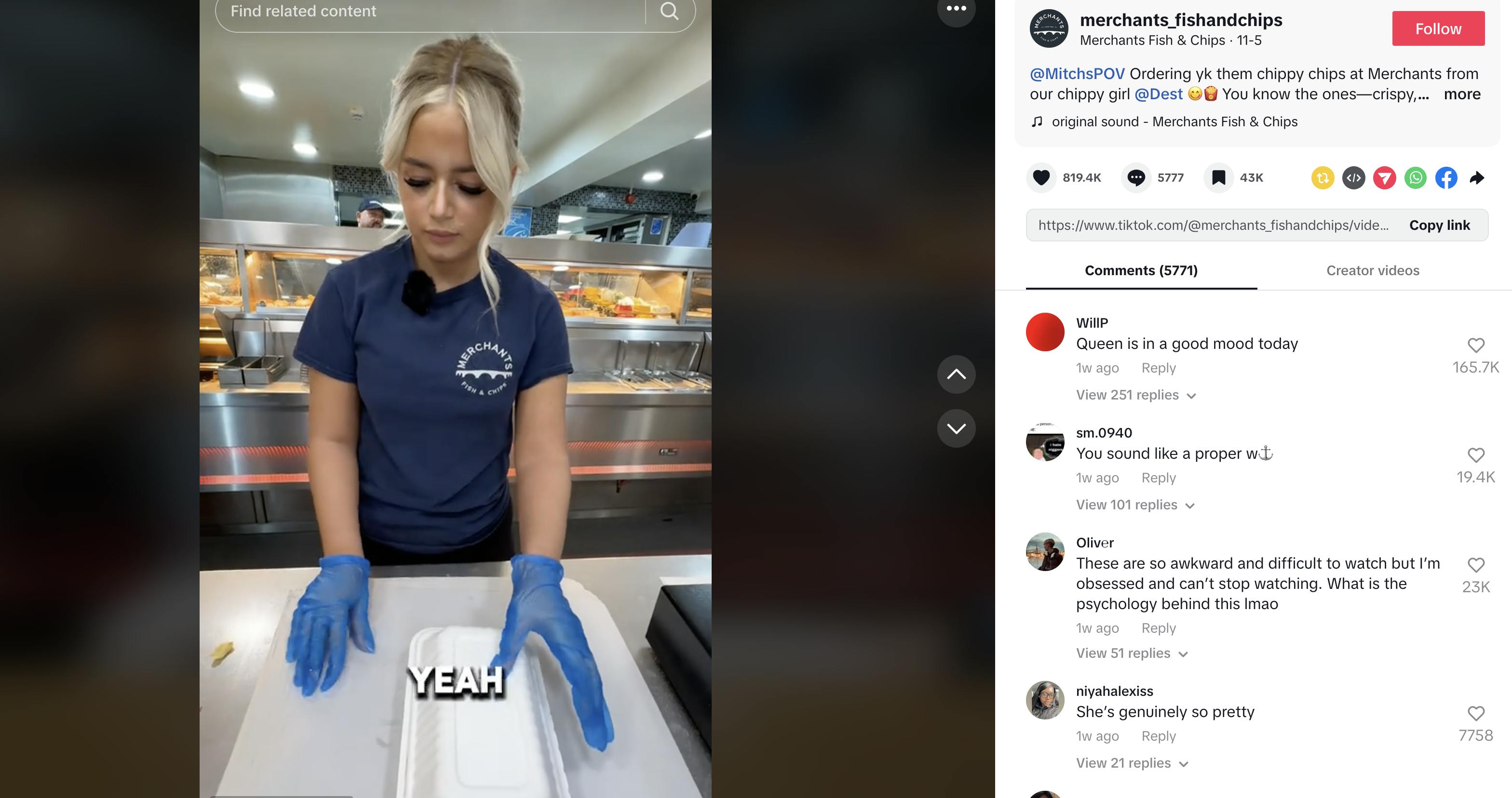 A screenshot of a TikTok still of Chip Shop Diva with the comments; the commentors are enamored with her and saying she's 'in a mood.'