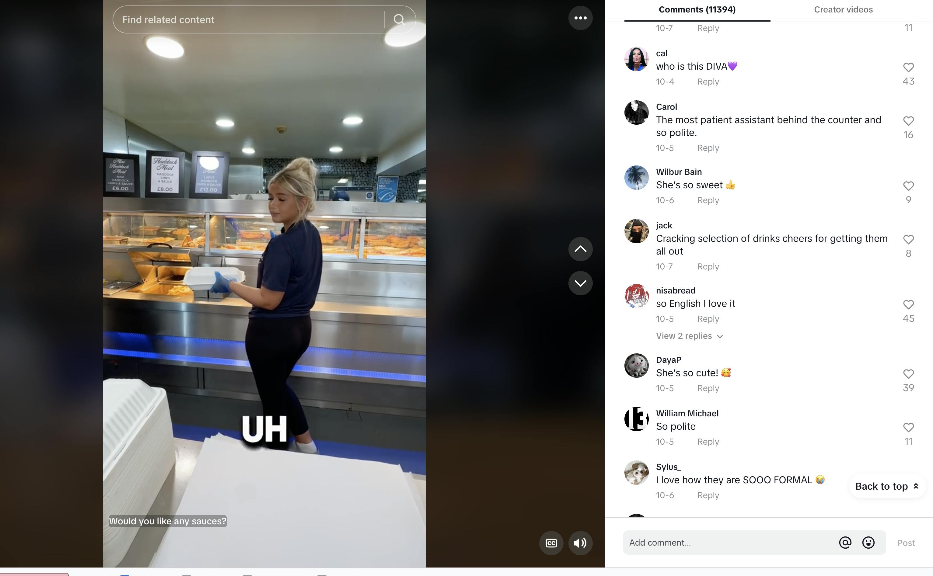 A screenshot of a TikTok still of Chip Shop Diva with the comments; the commentors are enamored with her.