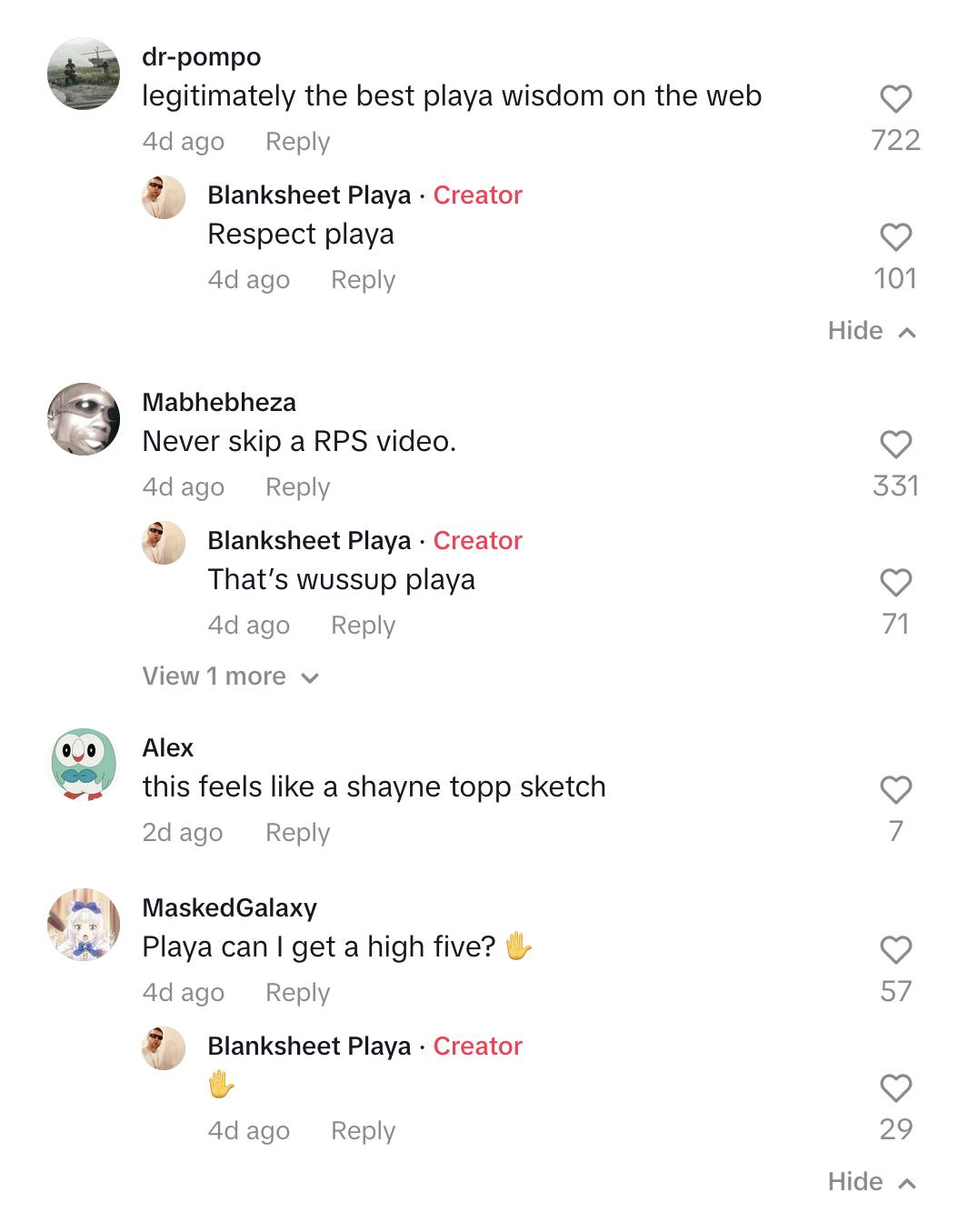 A still from Blanksheet Playa's TikTok, with encouraging responses and Playa's responses to his own comments