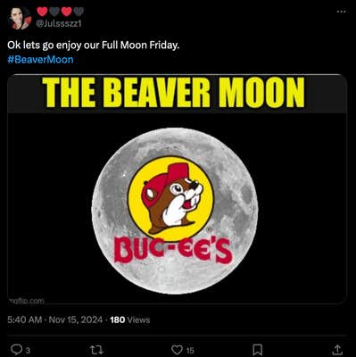 An X post of a meme that says "The Beaver Moon" over a full moon, with the Buc-ee's logo inside.