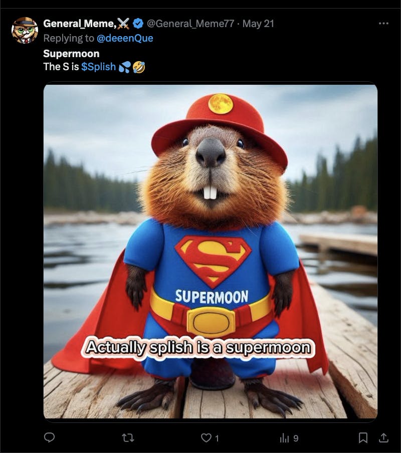 An X post of a Beaver in a superman costume wiht 'Actually spoish is a supermoon' text overlayed on the image