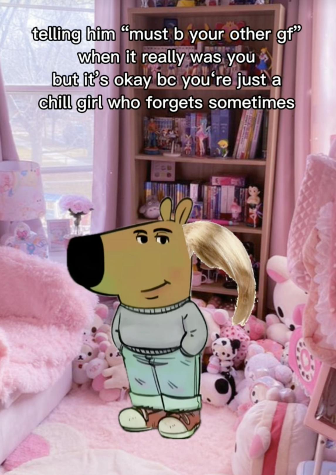 An anthropomorphic dog in a grey sweater and jeans witha blonde ponytail, sitting in a very pink girls bedroom with a 'chill girl' caption.