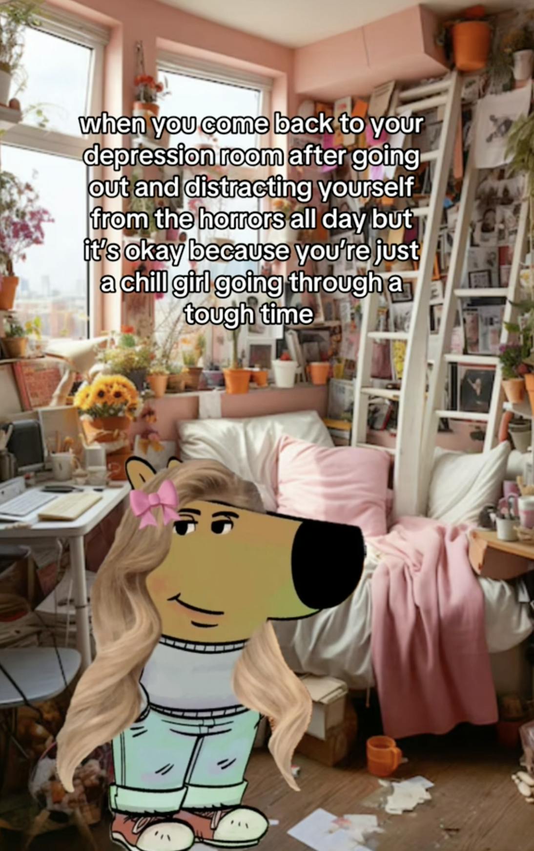 An anthropomorphic dog in a grey sweater and jeans with a blonde ponytail, sitting in a very pink girls bedroom with a 'chill girl' caption.