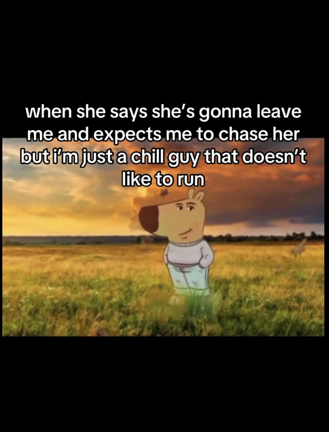 An anthropomorphic dog in a grey sweater and jeans with his hands in his pockets, in a beautiful field. The caption reads 'when she says shes gonna leave me and expects me to chase her but I'm just a chill guy that doesn't like to run'