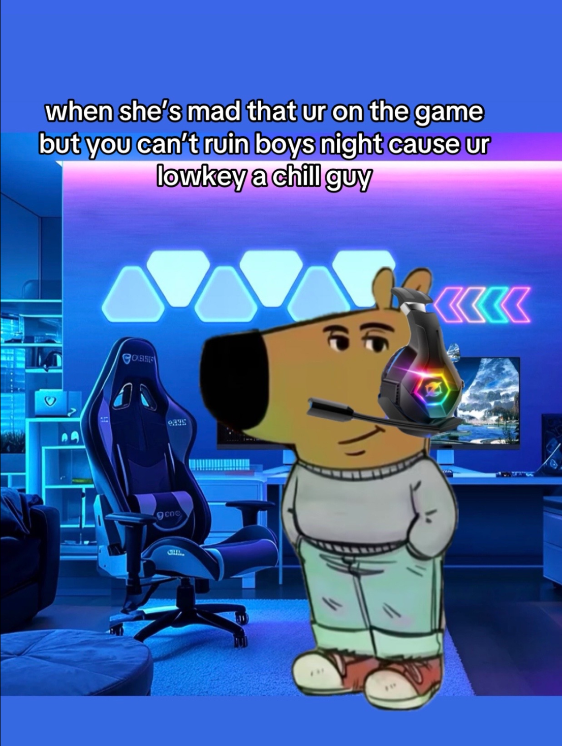 An anthropromorphic dog in a grey sweater and jeans with his hands in his pockets, wearing a gamer headset in a darkened room with a computer. The caption reads 'when she's mad but you are on the games but you cant ruin boys night cause ur lowkey a chill guy.'