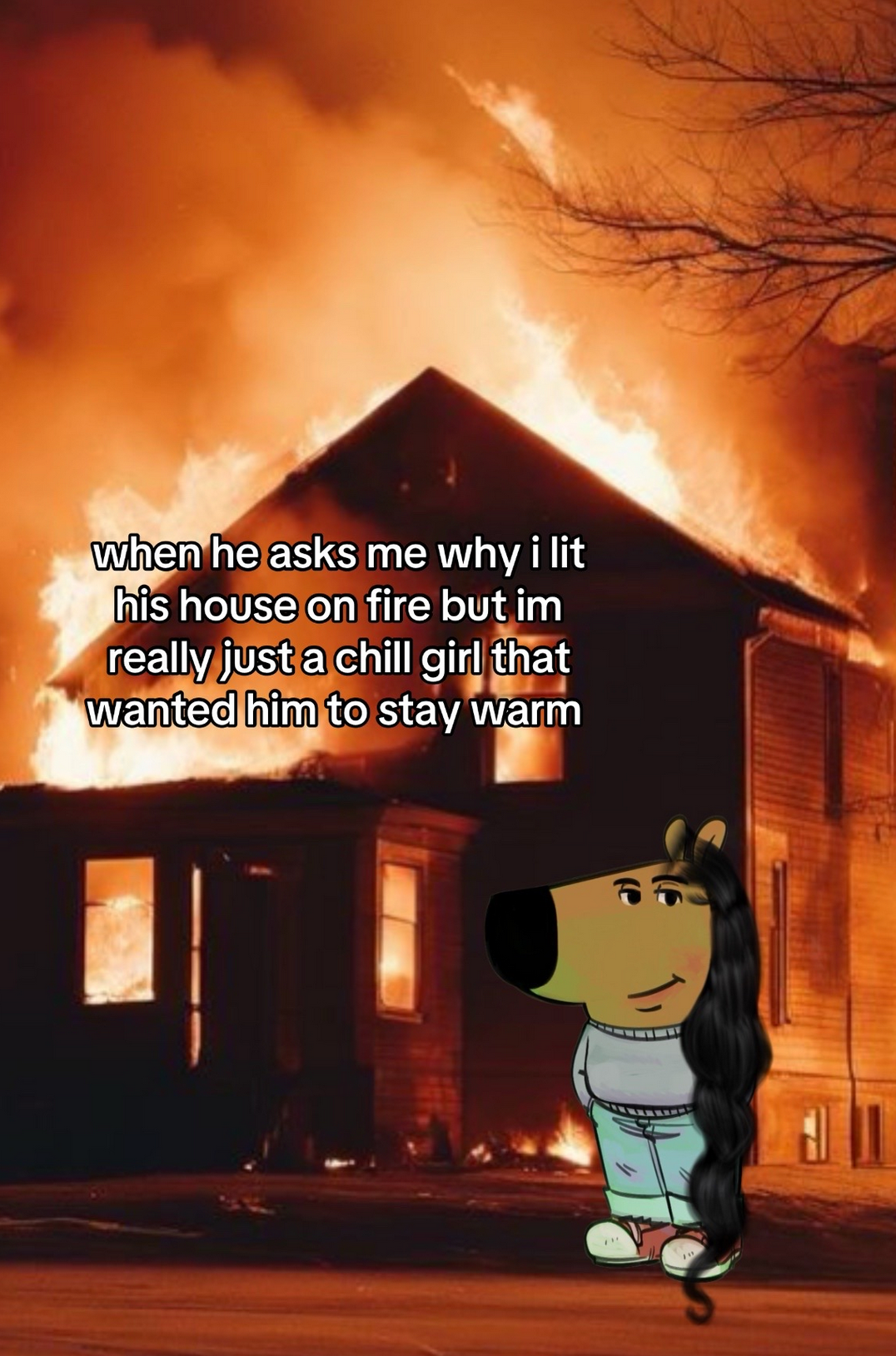 An anthropromorphic dog in a grey sweater and jeans with her hands in her pockets and long dark hair. She's standing next to a burning house. The Caption reads 'When he asks me why I lit his house on fire bu I'm really just a chill girl who wanted him to stay warm.'