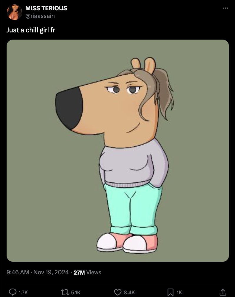 An X post of a anthropomorphic female dog on a grey background, with long hair and a smile.