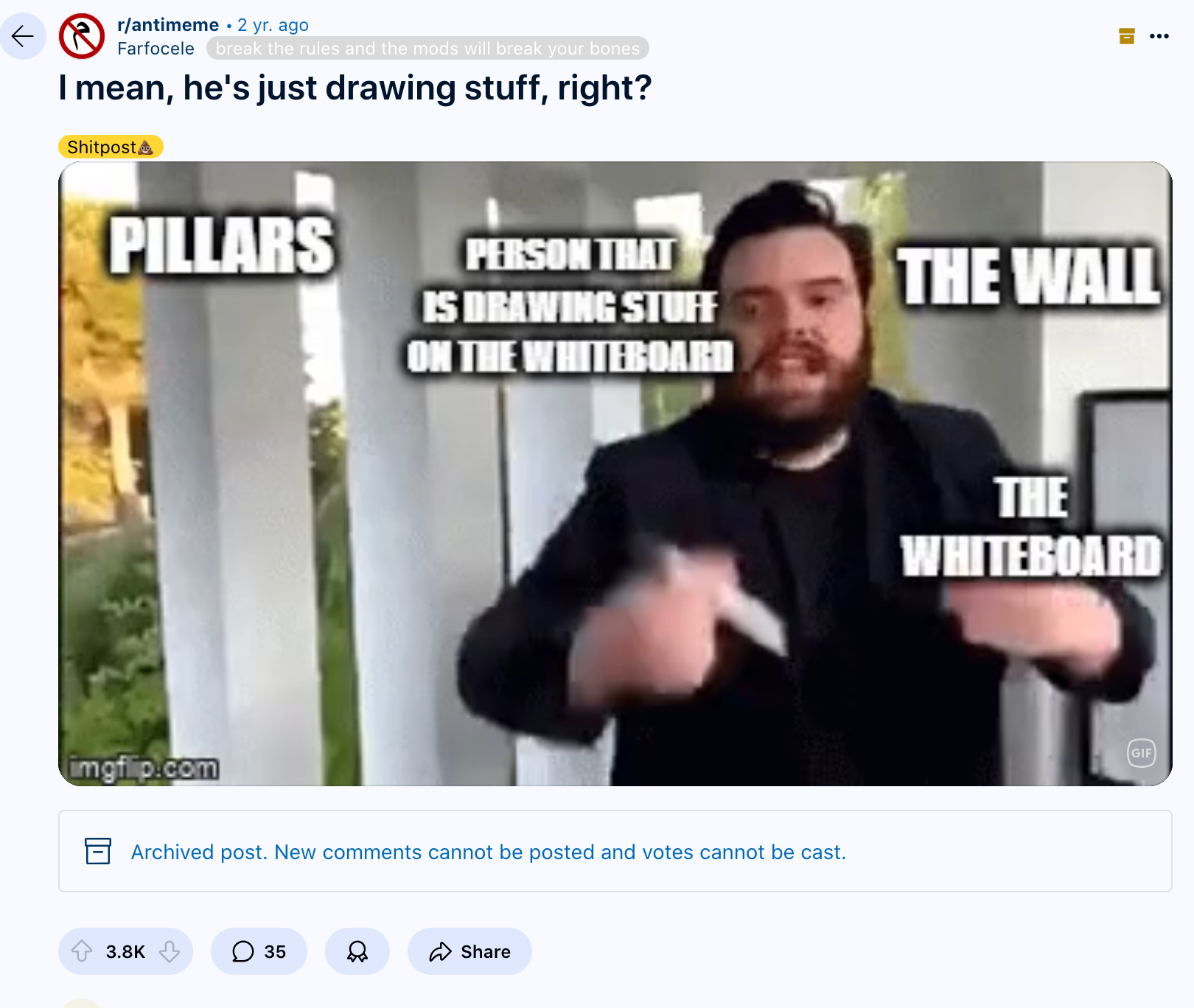 A reddit post of the whiteboard meme, with meme captions that just display the objects in the video.