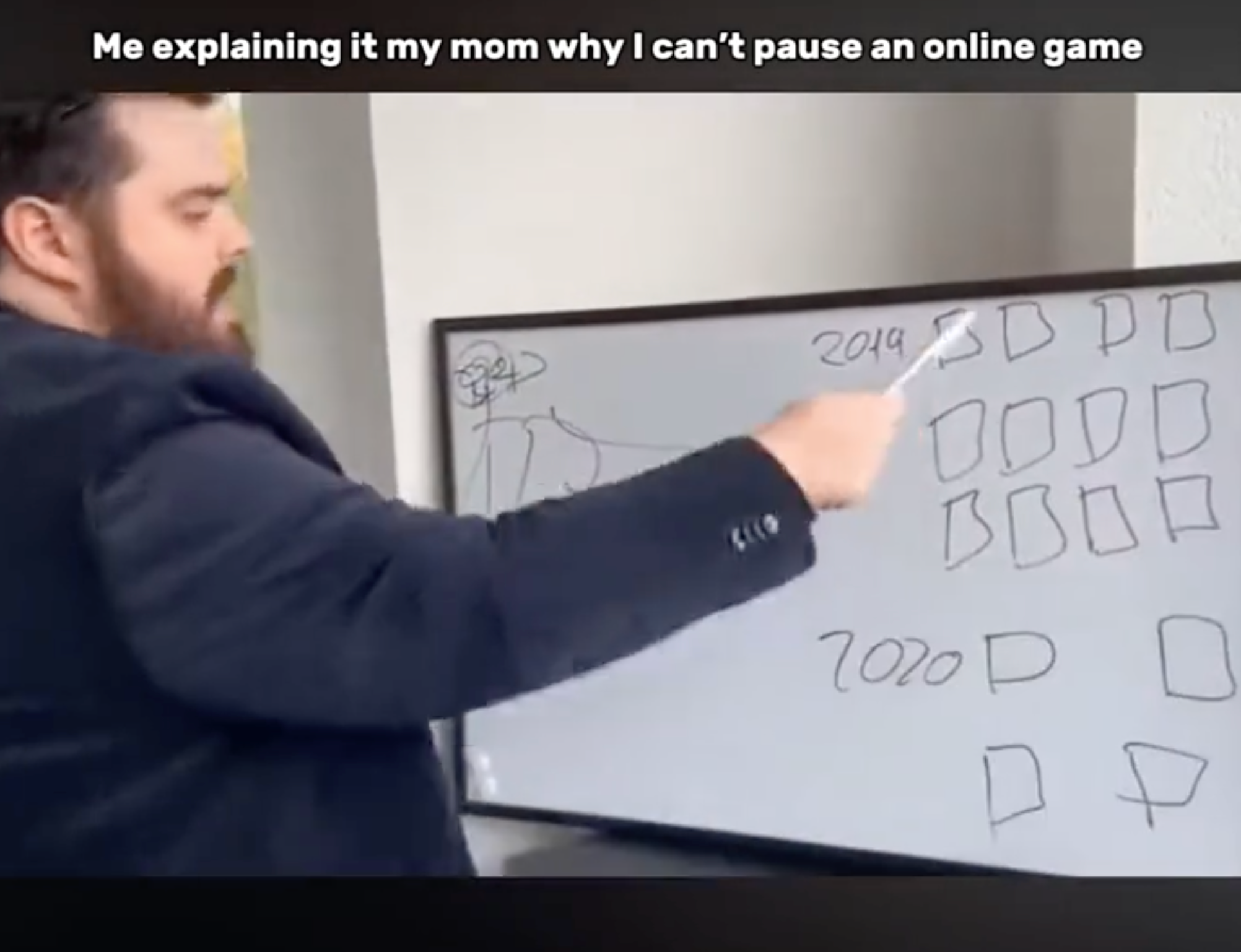 Whiteboard meme 'me explaining who I can't pause a game' via TikTok