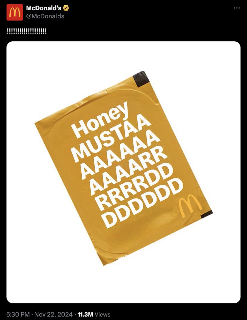 An X post from Mcdonalds, incorporating Kendrick Lamar's 'Mustard' lyric on a pack of mustard.