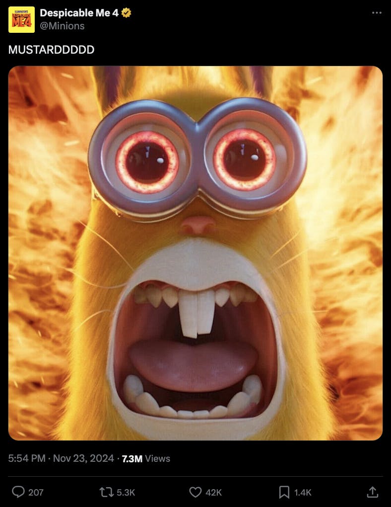 An X post of A Minion yelling, and the caption is 'MUSTARD (Lots of Ds)'