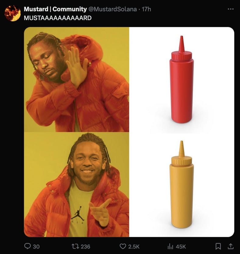 An X post referencing a viral Drake meme but using Kendrick Lamar saying no to ketchup and yes to mustard