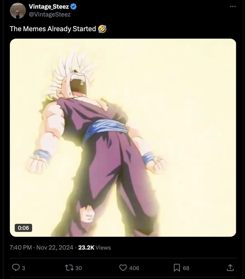 An X post of a dragon ballz character screaming mustard with the caption, 'the memes have already Started'