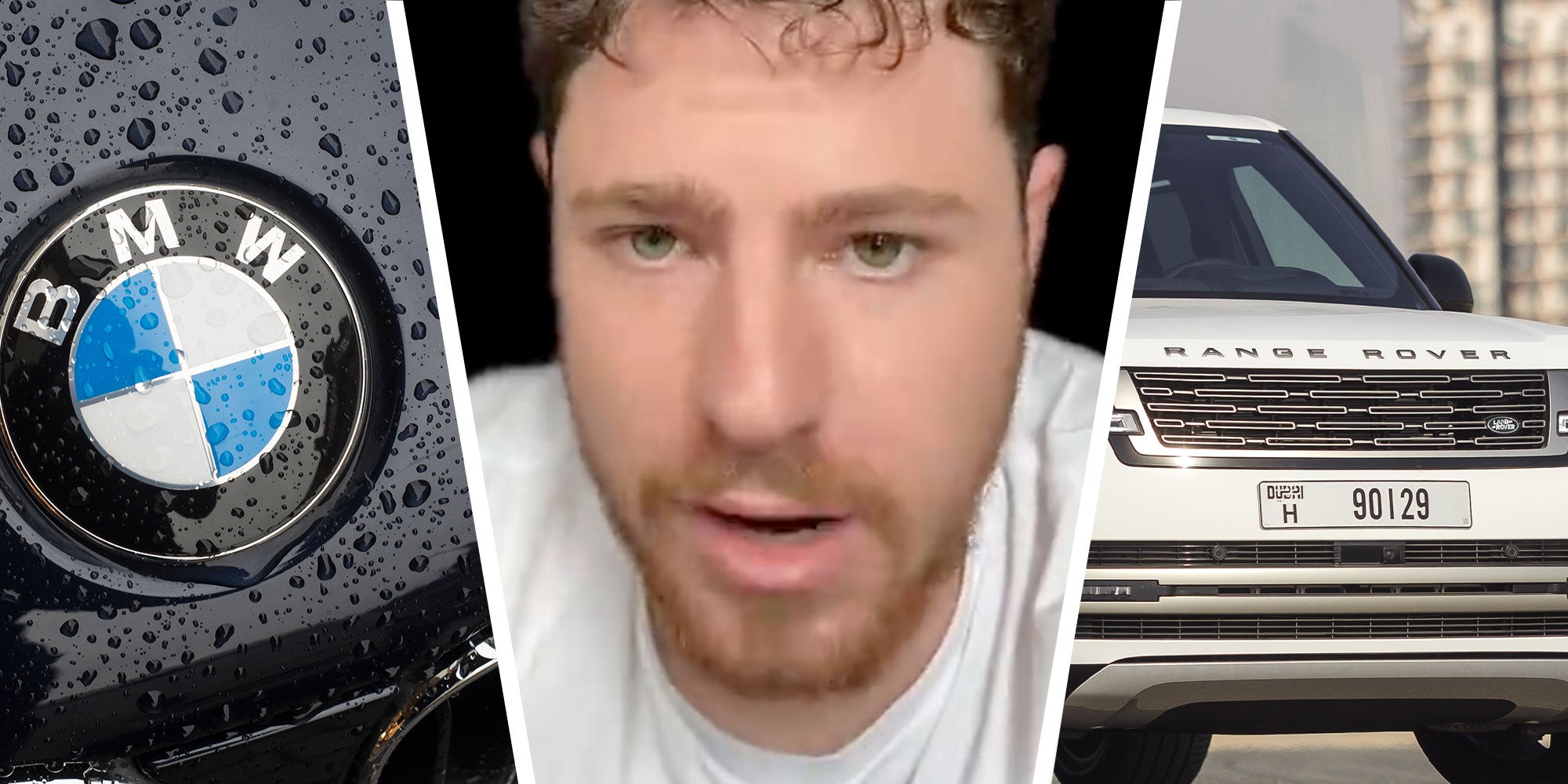 Three panel design with a BMW logo in one, a man talking at the camera in the middle, and a Land Rover car in the last panel.