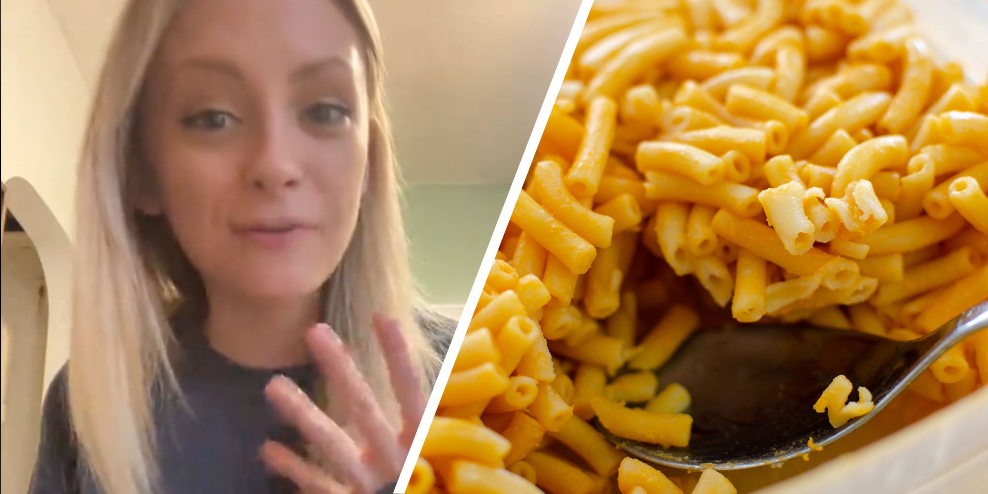 two panel design with a woman holding up four fingers in one, and a close in shot of Kraft Mac and Cheese