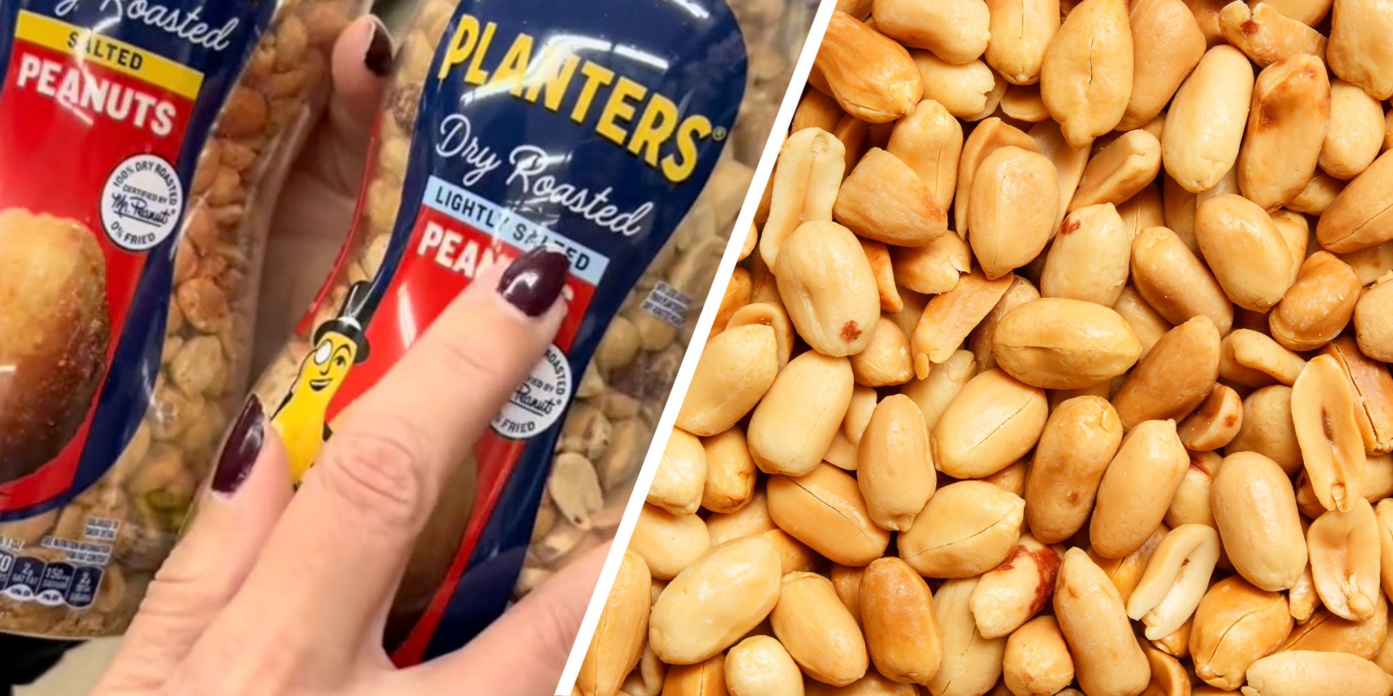 Two panel design with a woman holding a jar of planters peanuts in one, next to an image of peanuts