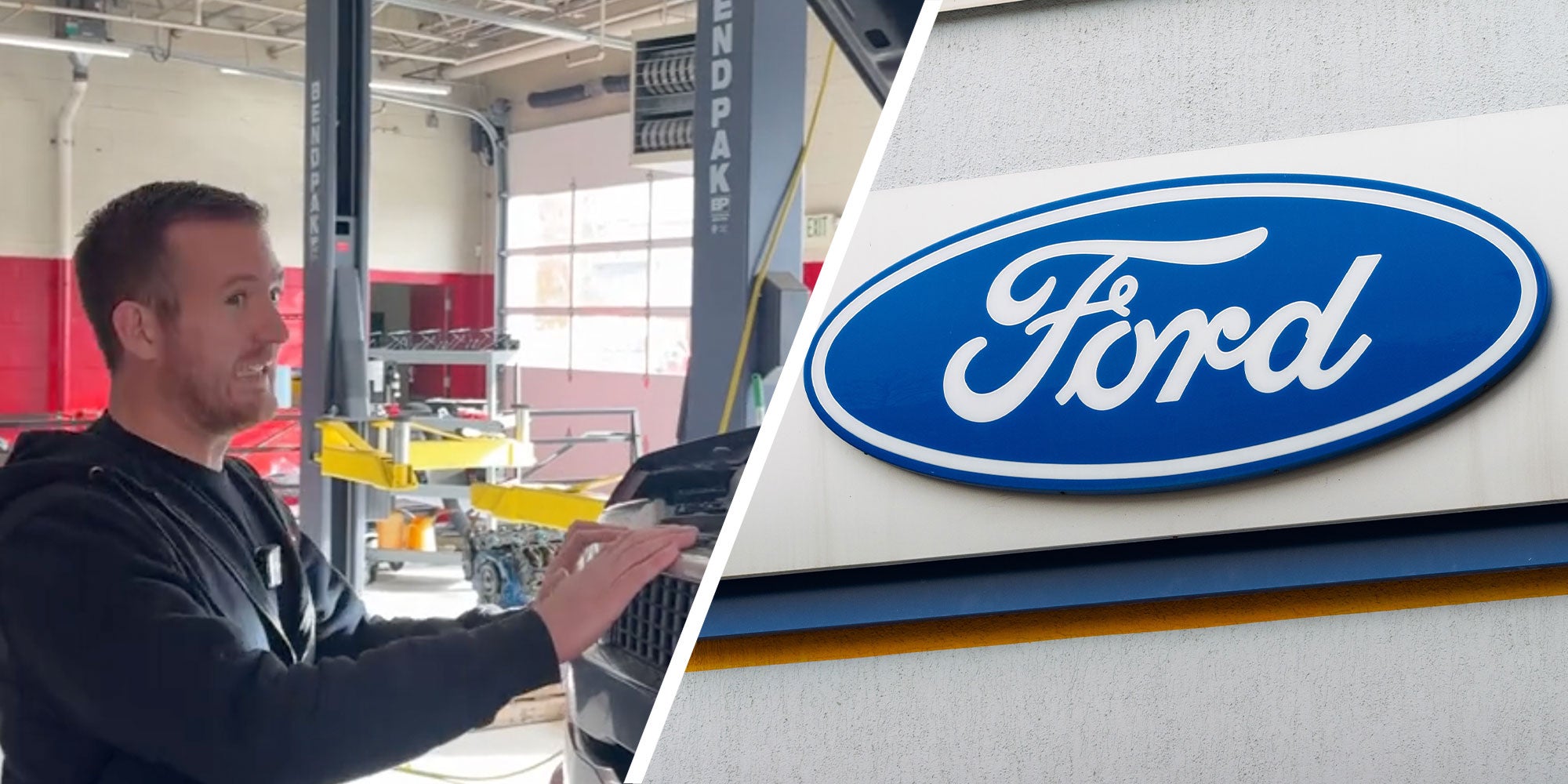 Two panel design with a man looking cringe face in one while he stands next to a truck, next to an image of a Ford logo