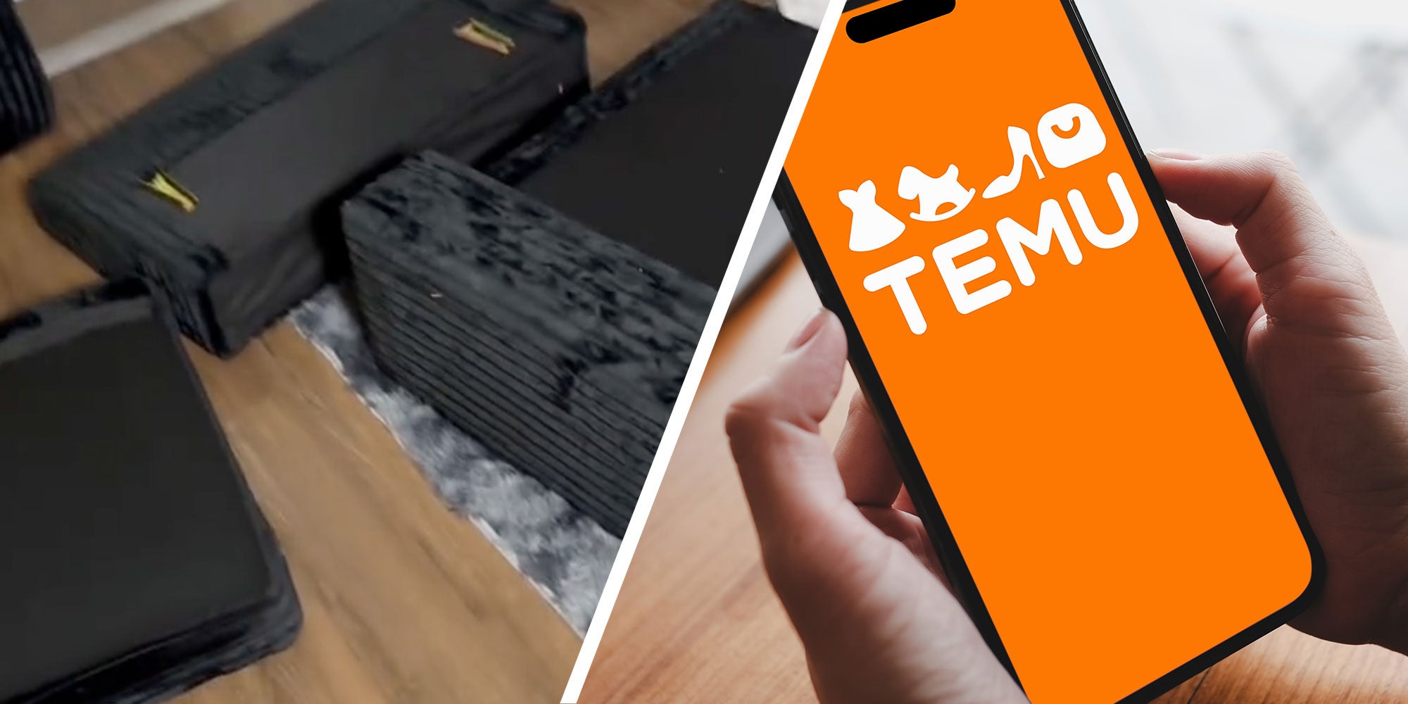 Two panel design with a sofa in pieces on the ground in one, next to an image of a person holding a phone with the TEMU log on it