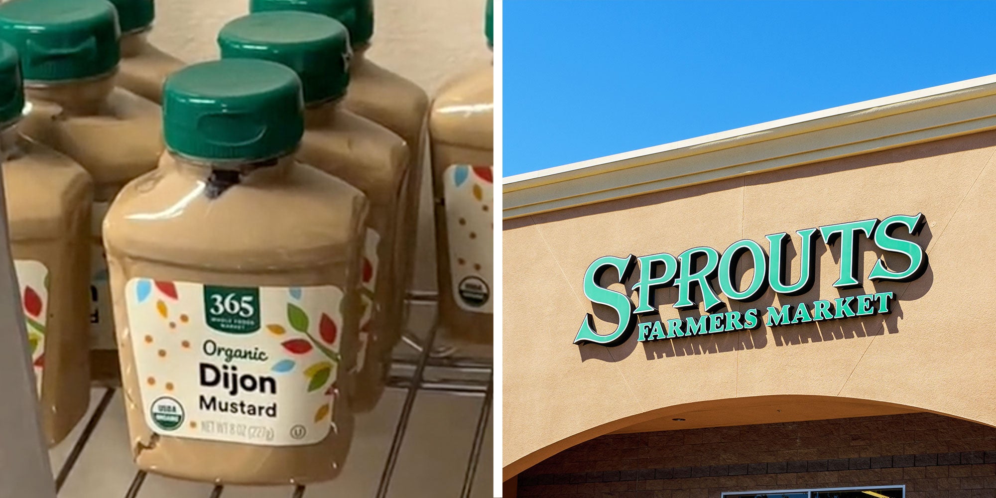 Two panel design with one showing a shelf stocked with WholeFoods branded Dijon Mustard, the 2nd pane is of a Sprouts Farmers Market