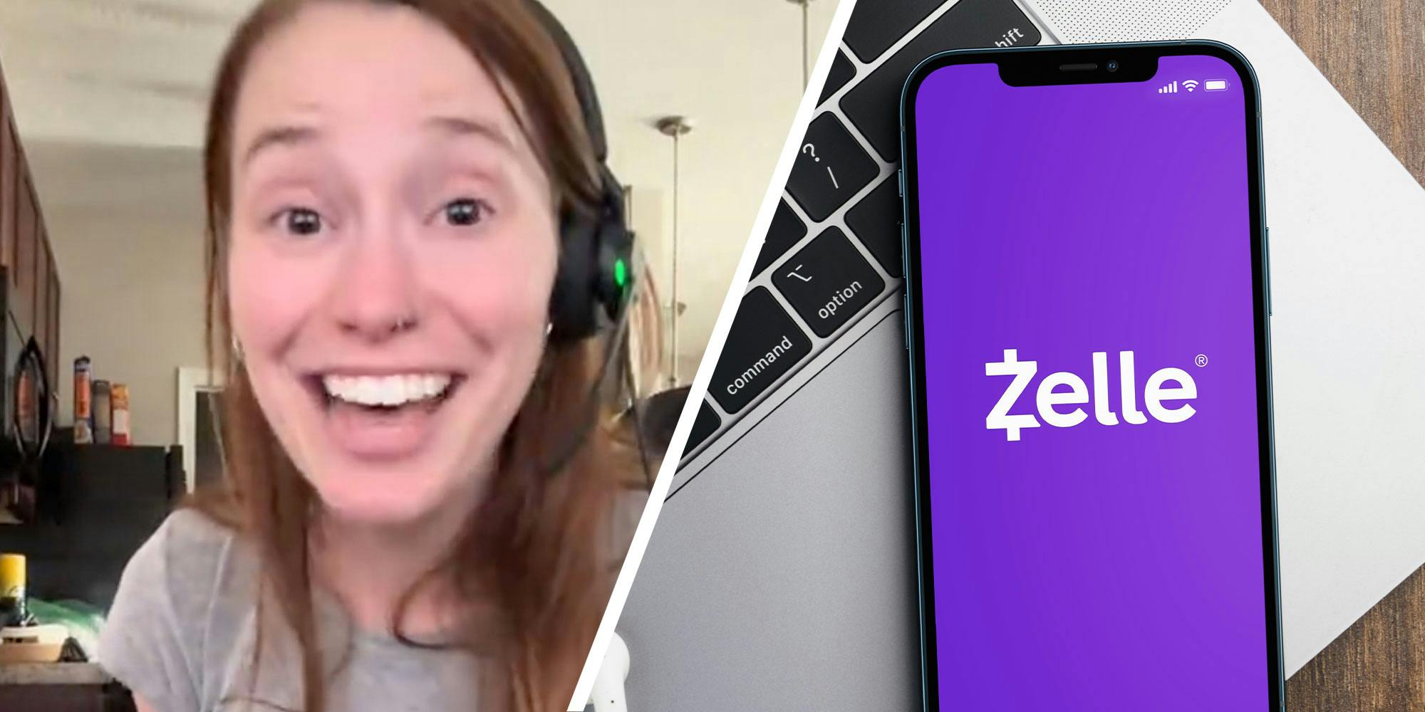 Two panel design with a woman with a headset on in one, she seems animated about her subject. The 2nd panel is of the Zelle logo on a phone.