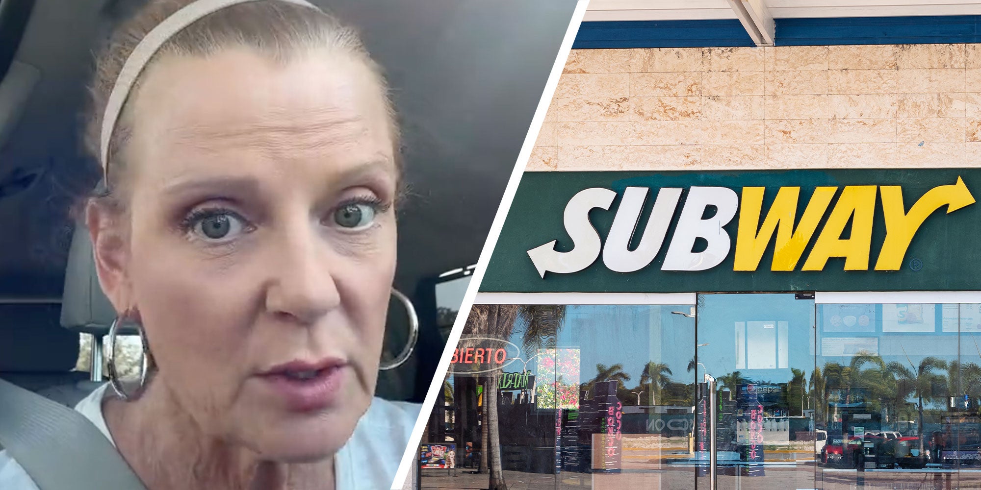 Two panel design with a woman talking to the camera in her car and a Subway sandwich sign in the other panel.
