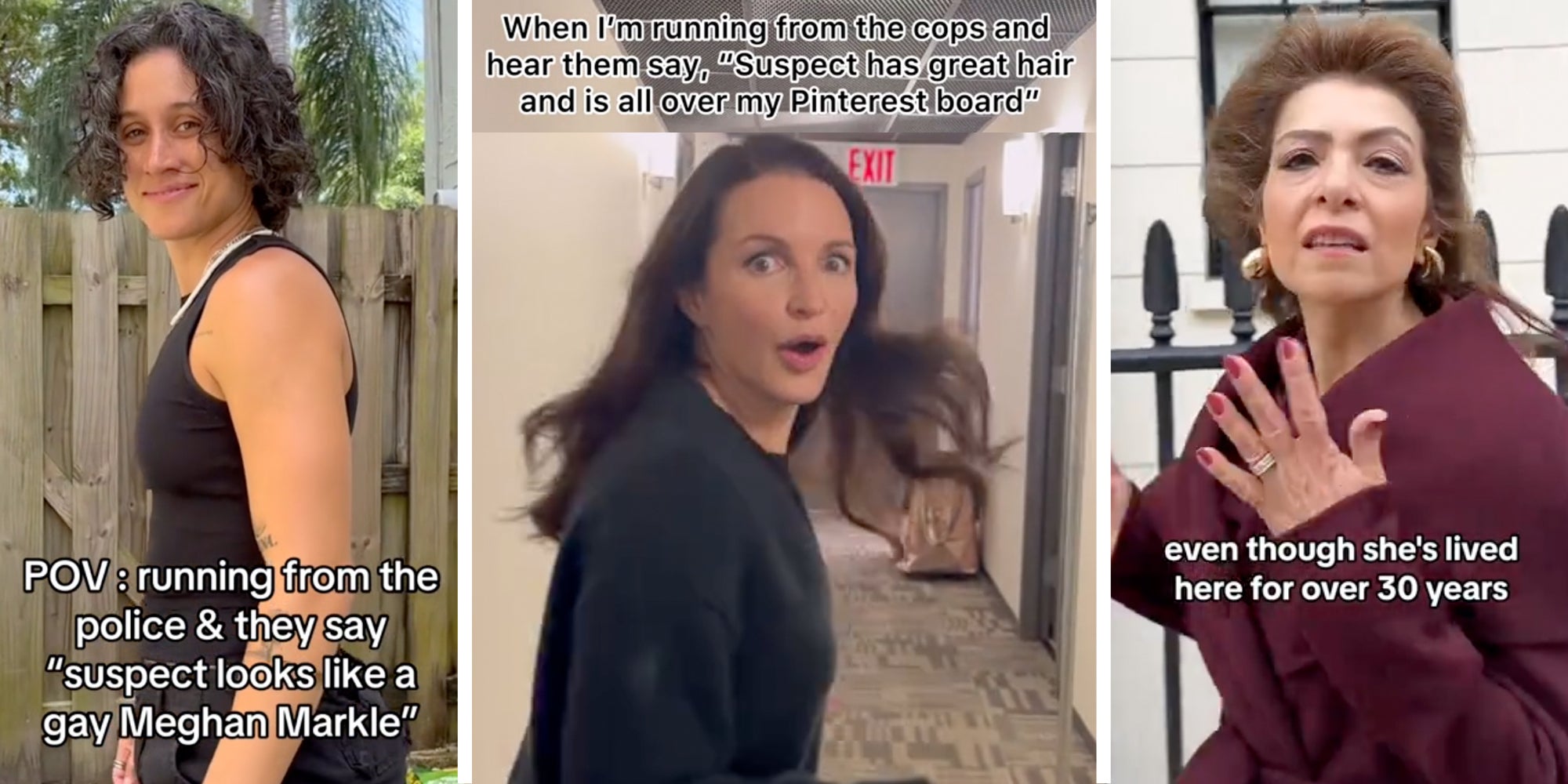 suspect challenge memes - Someone smiling with text that says 'POV: running from the police & they say 'suspect looks like a gay meghan markle'(l), Kristen Davis running with tex that says 'When I'm running from the cops and hear them say, 'Suspect has great hair and is all over my Pinterest board'(c) Woman running with text that says 'even though she's lived here for over 30 years'(r)